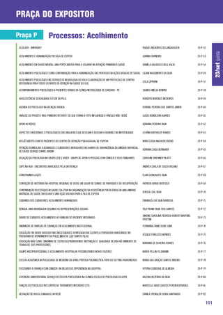 praça do expositor

Praça P                   Processos: Acolhimento
 ACOLHER - AMPARAR?                                                                                      RAQUEL MEDEIROS DELLINGHAUSEN             20-P-52




                                                                                                                                                               20/set quinta
 ACOLHIMENTO E HUMANIZAÇÃO EM SALA DE ESPERA                                                             JOANNA CARNEIRO                           20-P-53

 ACOLHIMENTO EM SAÚDE MENTAL: UMA PORTA ABERTA PARA O USUÁRIO NA ATENÇÃO PRIMÁRIA À SAÚDE                DANIELA DALBOSCO DELL AGLIO               20-P-54

 ACOLHIMENTO PSICOLÓGICO COMO CONTRIBUIÇÃO PARA A HUMANIZAÇÃO DAS PRÁTICAS EM AÇÕES BÁSICAS DE SAÚDE. LILIAM NASCIMENTO DA SILVA                   20-P-09

 ACOLHIMENTO PSICOLÓGICO NO SERVIÇO DE NEUROLOGIA DO HSI: A ELABORAÇÃO DE UM PROTOCOLO DE CONTRA
                                                                                                         LEILA CIPRIANI                            20-P-57
 REFERENCIA PARA TODOS OS NÍVEIS DE ATENÇÃO NA SAÚDE DO SUS.

 ACOMPANHAMENTO PSICOLÓGICO A PACIENTES RENAIS DA CLÍNICA NEFROLÓGICA DE CARUARU - PE                    SAHIRA AMÉLIA BONFIM                      20-P-58

 ADOLESCÊNCIA: SEXUALIDADE À FLOR DA PELE.                                                               ROBERTA MARQUES MEDEIROS                  20-P-59

 AGENDA DO PSICÓLOGO NA ATENÇÃO BÁSICA                                                                   DORIVAL PEREIRA DOS SANTOS JUNIOR         20-P-60

 ANÁLISE DO PROJETO “MEU PRIMEIRO RETRATO”: DE QUE FORMA A FOTO INFLUENCIO O VÍNCULO MÃE- BEBÊ.          LUCAS BONDEZAN ALVARES                    20-P-61

 APOIO AO IDOSO                                                                                          ADRIANA PEREIRA SILVA                     20-P-62

 ASPECTOS EMOCIONAIS E PSICOLÓGICOS DAS MULHERES QUE DESEJAM E BUSCAM A GRAVIDEZ NA INFERTILIDADE        LEVÂNI BARTHOLDY RAMOS                    20-P-63

 ATELIÊ ABERTO COM OS PACIENTES DO CENTRO DE ATENÇÃO PSICOSSOCIAL DE ITUPEVA                             MARA LÚCIA WACHERS BUENO                  20-P-64

 ATENÇÃO DOMICILIAR A ACAMADOS E CUIDADORES MORADORES NO BAIRRO DE ABRANGÊNCIA DA UNIDADE MATRICIAL
                                                                                                         ADRIANA ZAGO BERNARDI                     20-P-65
 DE SAÚDE GEORGE CHIRRÉ JARDIM

 ATUAÇÃO DA PSICOLOGIA NO GRUPO SER E VIVER - GRUPO DE APOIO A PESSOAS COM CÂNCER E SEUS FAMILIARES      CAROLINE DREHMER PILATTI                  20-P-66

 CAPS NA RUA - ENCONTROS MARCADOS PELA DIFERENÇA!                                                        ANDRÉA CARLA DE SOUZA ATILANO             20-P-67

 CONSTRUINDO LAÇOS                                                                                       ELIAB GONCALVES SILVA                     20-P-68

 CONTAÇÃO DE HISTÓRIAS NO HOSPITAL REGIONAL DE ASSIS: UM LUGAR DE SONHO, DE FANTASIAS E DE RECUPERAÇÃO   PATRICIA ARRAS BERTOZZI                   20-P-69

 CONTRIBUIÇÃO DO ESTÁGIO EM SAÚDE COLETIVA NA ORGANIZAÇÃO DA ASSISTÊNCIA PSICOLÓGICA EM UMA UNIDADE
                                                                                                         JERUSA LEAL SILVA                         20-P-70
 MATRICIAL DE SAÚDE: UM OLHAR E UMA AÇÃO VOLTADA PARA A FILA DE ESPERA

 CUIDANDO DOS CUIDADORES: ACOLHIMENTO HUMANIZADO                                                         EMANUELA DA SILVA BARBOSA                 20-P-71

 DENGUE: UMA ABORDAGEM SEGUNDO AS REPRESENTAÇÕES SOCIAIS                                                 TALEYRAND SILVA DOS SANTOS                20-P-72

                                                                                                         SIMONE CAROLINA PEDROSA ROBERTI MARTINS
 DIÁRIO DE CUIDADOS: ACOLHIMENTO AO FAMILIAR DO PACIENTE INTERNADO                                                                                 20-P-73
                                                                                                         FRATTINI

 DINÂMICAS DE FAMÍLIAS DE CRIANÇAS EM ACOLHIMENTO INSTITUCIONAL                                          FERNANDA TAMIE ISOBE LIMA                 20-P-74

 EDUCAÇÃO EM SAÚDE BASEADO NAS NECESSIDADES VERIFICADAS NA CLIENTELA PORTADORA HANSENÍASE NO
                                                                                                         JESSICA TONELOTO MENDES                   20-P-75
 PROGRAMA DE ATENDIMENTO DA POLICLINICA DR. LUIZ SANTOS FILHO
 EDUCAÇÃO NÃO COMO SINONIMO DE ESTRESSE:PROMOVENDO MOTIVAÇÃO E QUALIDADE DE VIDA NO AMBIENTE DE
                                                                                                         MARIANA DE OLIVEIRA SOARES                20-P-76
 TRABALHO DOS PROFESSORES

 EQUIPE MULTIPROFISSIONAL E ACOLHIMENTO HOSPITALAR: POSSIBILITANDO NOVOS FAZERES                         MAÍRA PELLIN FELDMANN                     20-P-77

 ESCUTA ACADÊMICA NA FACULDADE DE MEDICINA DA UFMG: PRÁTICA PSICANALÍTICA FORA DO SETTING PADRONIZADO    MARIA DAS GRAÇAS SANTOS RIBEIRO           20-P-78

 ESCUTANDO A CRIANÇA COM CÂNCER: UM RELATO DE EXPERIÊNCIA NO HOSPITAL                                    VITÓRIA CORDOVIL DE ALMEIDA               20-P-79

 EXTENSÃO UNIVERSITÁRIA: SERVIÇO DE ESCUTA PSICOLÓGICA NA CLÍNICA ESCOLA DE PSICOLOGIA DA UEPB           VALERIA BEZERRA DA SILVA                  20-P-80

 FUNÇÃO DO PSICÓLOGO NO CENTRO DE TRATAMENTO INTENSIVO (CTI)                                             MARCELLE ABDO GARCES PEREIRA BITARÃES     20-P-81

 GESTAÇÃO DE RISCO: CUIDADOS EM REDE                                                                     CAMILA SPENGLER SENSI SANTHIAGO           20-P-82


                                                                                                                                                         111
 