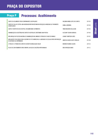 praça do expositor

Praça P                   Processos: Acolhimento
 GRUPO DE ACOLHIMENTO PARA ACOMPANHANTES HOSPITALARES                                                   VALQUIRIA WANDA LOPES DOS SANTOS   20-P-83




                                                                                                                                                       20/set quinta
 GRUPOS DE SALA DE ESPERA: UMA ABORDAGEM INTERDISCIPLINAR NA REDUÇÃO DA ANSIEDADE AO TRATAMENTO
                                                                                                        DANIELLA MIRANDA                   20-P-84
 ODONTOLÓGICO

 GRUPOS TERAPÊUTICOS NO HOSPITAL: RESSIGNIFICANDO SOFRIMENTOS                                           TANIA MADUREIRA DALLALANA          20-P-85

 HUMANIZAÇÃO DA ASSISTÊNCIA NO CONTEXTO HOSPITALAR: CONSTRUINDO UMA PRÁTICA                             ALESSANY TEIXEIRA BARBOSA          20-P-86

 IMPLANTAÇAO DA POLITICA NACIONAL DE HUMANIZAÇÃO NAS UNIDADES ESTADUAIS DE SAUDE DE MANAUS              LISIANE THOMPSON FLORES            20-P-87

 IMPLICAÇÕES PSOCLÓGICAS PARA A GESTANTE DE FETO ANENCEFALO: A LIBERDADE DE ESCOLHA ENTRE INTERRUPÇÃO
                                                                                                        ANDRESSA BUENO GODOY CARVALHO      20-P-88
 DA GESTAÇÃO OU CONTINUIDADE

 O PÚBLICO E O PRIVADO NO CONTEXTO DA INSTITUCIONALIZAÇÃO ASILAR                                        MARIANA FAGUNDES GALVÃO            20-P-10

 RELATO DE UM ATENDIMENTO BREVE INFANTIL: UM CASO DE VIOLÊNCIA INTRAFAMILIAR.                           IONE APARECIDA XAVIER              20-P-11




                                                                                                                                                 112
 