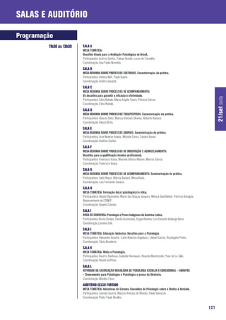 Salas e Auditório

Programação
         11h30 às 13h30   SALA A
                          MESA TEMÁTICA:
                          Desafios Atuais para a Avaliação Psicológica no Brasil.
                          Participantes: Acácia Santos, Fabian Rueda, Lucas de Carvalho.
                          Coordenação: Ana Paula Noronha.
                          SALA B
                          MESA REDONDA SOBRE PROCESSOS CULTURAIS: Caracterização da prática.
                          Participantes: Andrea Nolf, Paulo Baeta.
                          Coordenação: André Leonardi.
                          SALA C
                          MESA REDONDA SOBRE PROCESSOS DE ACOMPANHAMENTO:
                          Os desafios para garantir a eficácia e efetividade.




                                                                                                                                     21/set sexta
                          Participantes: Edna Kahale, Maria Angela Yunes, Patrícia Garcia.
                          Coordenação: Edna Kahale.
                          SALA D
                          MESA REDONDA SOBRE PROCESSOS TERAPEUTICOS: Caracterização da prática.
                          Participantes: Glaucia Diniz, Marcus Vinicius Oliveira, Roberto Banaco.
                          Coordenação: Aluízio Brito.
                          SALA E
                          MESA REDONDA SOBRE PROCESSOS GRUPAIS: Caracterização da prática.
                          Participantes: José Newton Araújo, Michele Cervo, Sandro Xavier.
                          Coordenação: Andréia Garbin.
                          SALA F
                          MESA REDONDA SOBRE PROCESSOS DE ORIENTAÇÃO E ACONSELHAMENTO:
                          Desafios para a qualificação técnico-profissional.
                          Participantes: Francisco Viana, Marcelo Afonso Ribeiro, Marcos Garcia.
                          Coordenação: Francisco Viana.
                          SALA G
                          MESA REDONDA SOBRE PROCESSOS DE ACOMPANHAMENTO: Caracterização da prática.
                          Participantes: Jaíde Regra, Márcia Badaró, Mirna Koda.
                          Coordenação: Luiz Fernando Saraiva.
                          SALA H
                          MESA TEMÁTICA: Formação do(a) psicólogo(a) e ética.
                          Participantes: Alayde Digiovanni, Maria das Graças Jacques, Mônica Gianfaldoni, Patrícia Bataglia,
                          Representante do CONEP.
                          Coordenação: Ângela Caniato.
                          SALA I
                          RODA DE CONVERSA: Psicologia e Povos Indígenas da América Latina.
                          Participantes: Bruno Simões, Danilo Guimarães, Edgar Barrero, Luiz Eduardo Valiengo Berni.
                          Coordenação: Lumena Céli.
                          SALA J
                          MESA TEMÁTICA: Educação Inclusiva: Desafios para a Psicologia.
                          Participantes: Alexandra Anache, Carla Biancha Angelucci, Liliane Garcez, Rosângela Prieto.
                          Coordenação: Tânia Brasileiro.
                          SALA K
                          MESA TEMÁTICA: Mídia e Psicologia.
                          Participantes: Beatriz Barbosa, Isabella Henriques, Ricardo Moretzsohn, Yves de La Talle.
                          Coordenação: Roseli Goffman.
                          SALA L
                          ATIVIDADE DA ASSOCIAÇÃO BRASILEIRA DE PSICOLOGIA ESCOLAR E EDUCACIONAL – ABRAPEE
                          - Chamamento para Psicólogas e Psicólogos e posse da Diretoria.
                          Coordenação: Marilda Facci.
                          AUDITÓRIO CELSO FURTADO
                          MESA TEMÁTICA: Iniciativas do Sistema Conselhos de Psicologia sobre o Direito à Verdade.
                          Participantes: Jureuda Guerra, Marcus Vinicius de Oliveira, Paulo Vanucchi.
                          Coordenação: Pedro Paulo Bicalho.


                                                                                                                               121
 