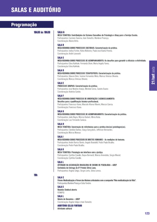 Salas e Auditório

Programação
         16h30 às 18h30   SALA A
                          MESA TEMÁTICA: Contribuições do Sistema Conselhos de Psicologia e Abep para o Serviço Escola.
                          Participantes: Carmem Taverna, Irani Tomiatto, Marilene Proença.
                          Coordenação: Aluízio Brito.
                          SALA B
                          MESA REDONDA SOBRE PROCESSOS CULTURAIS: Caracterização da prática.
                          Participantes: Ivelise Fortim, Kátia Maheirie, Paulo José Baeta Pereira.
                          Coordenação: André Leonardi.
                          SALA C
                          MESA REDONDA SOBRE PROCESSOS DE ACOMPANHAMENTO: Os desafios para garantir a eficácia e efetividade.
                          Participantes: Edna Kahhale, Fernanda Otoni, Maria Angela Yunes.
                          Coordenação: Edna Kahhale.




                                                                                                                                   21/set sexta
                          SALA D
                          MESA REDONDA SOBRE PROCESSOS TERAPEUTICOS: Caracterização da prática.
                          Participantes: Glaucia Diniz, Ivonise Fernandes Mota, Marcus Vinicius Oliveira.
                          Coordenação: Marcus Vinicius Oliveira
                          SALA E
                          PROCESSOS GRUPAIS: Caracterização da prática.
                          Participantes: José Newton Araújo, Michele Cervo, Sandro Xavier.
                          Coordenação: Andréia Garbin.
                          SALA F
                          MESA REDONDA SOBRE PROCESSO DE ORIENTAÇÃO E ACONSELHAMENTO:
                          Desafios para a qualificação técnico-profissional.
                          Participantes: Francisco Viana, Marcelo Afonso Ribeiro, Marcos Garcia.
                          Coordenação: Francisco Viana.
                          SALA G
                          MESA REDONDA SOBRE PROCESSOS DE ACOMPANHAMENTO: Caracterização da prática.
                          Participantes: Jaíde Regra, Márcia Badaró, Mirna Koda.
                          Coordenação: Luiz Fernando Saraiva.
                          SALA H
                          MESA TEMÁTICA: Construção de referências para a prática dos(as) psicólogos(as).
                          Participantes: Cândida Dantas, Graça Gonçalves, Jefferson Bernardes.
                          Coordenação: Márcia Mansur.
                          SALA J
                          MESA REDONDA SOBRE PROCESSOS DE DIRETOS HUMANOS - As medições do humano.
                          Participantes: André Barros Bento, Angelo Brandelli, Pedro Paulo Bicalho.
                          Coordenação: Pedro Paulo Bicalho.
                          SALA K
                          MESA TEMÁTICA: Psicologia em interface com a justiça.
                          Participantes: Cynthia Ciarallo, Dayse Bernardi, Marcia Amendola, Sergio Maciel.
                          Coordenação: Cynthia Ciarallo.
                          SALA L
                          ATIVIDADE DA ASSOCIAÇÃO BRASILEIRA DE ENSINO DE PSICOLOGIA – ABEP
                          Cerimônia de Entrega do 6º Prêmio Silvia Lane.
                          Participantes: Angela Soligo, Sérgio Leite, Sônia Lemos.
         19h
                          SALA C
                          Fórum: Medicalização e Fórum dos Núcleos articulados com a campanha "Não medicalização da Vida".
                          Participantes: Marilene Proença e Celso Tondim.
                          SALA E
                          Reunião Sindical aberta
                          FENAPSI
                          SALA L
                          Relato de Docentes – ABEP
                          Coordenação: Angela Soligo e Irani Tomiatto
                          AUDITÓRIO CELSO FURTADO
                          Atividade cultural

                                                                                                                             123
 