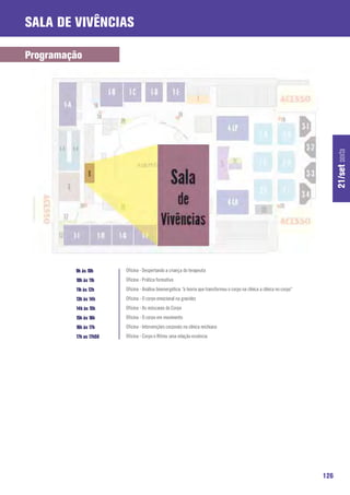 Sala de Vivências

Programação




                                                                                                                                  21/set sexta
         9h às 10h      Oficina - Despertando a criança do terapeuta
         10h às 11h     Oficina - Prática formativa
         11h às 12h     Oficina - Análise bioenergética: “a teoria que transformou o corpo na clínica a clínica no corpo“
         13h às 14h     Oficina - O corpo emocional na gravidez
         14h às 15h     Oficina - As máscaras do Corpo
         15h às 16h     Oficina - O corpo em movimento
         16h às 17h     Oficina - Intervenções corporais na clínica reichiana
         17h as 17h50   Oficina - Corpo e Ritmo: uma relação essência




                                                                                                                            126
 