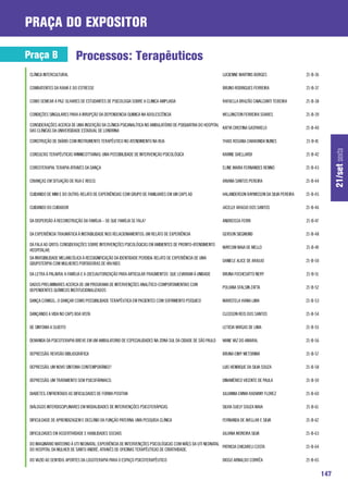 praça do expositor

Praça B                   Processos: Terapêuticos
 CLÍNICA INTERCULTURAL                                                                                    LUCIENNE MARTINS BORGES                  21-B-36

 COMBATENTES DA RAIVA E DO ESTRESSE                                                                       BRUNO RODRIGUES FERREIRA                 21-B-37

 COMO SEMEAR A PAZ: OLHARES DE ESTUDANTES DE PSICOLOGIA SOBRE A CLINICA AMPLIADA                          RAFAELLA BRAZÃO CAVALCANTI TEIXEIRA      21-B-38

 CONDIÇÕES SINGULARES PARA A IRRUPÇÃO DA DEPENDENCIA QUIMICA NA ADOLESCÊNCIA                              WELLINGTON FERREIRA SOARES               21-B-39

 CONSIDERAÇÕES ACERCA DE UMA INSERÇÃO DA CLÍNICA PSICANALÍTICA NO AMBULATÓRIO DE PSIQUIATRIA DO HOSPITAL
                                                                                                         KATYA CRISTINA GASPARELO                  21-B-40
 DAS CLÍNICAS DA UNIVERSIDADE ESTADUAL DE LONDRINA

 CONSTRUÇÃO DE DIÁRIO COM INSTRUMENTO TERAPÊUTICO NO ATENDIMENTO NA RUA                                   THAIS ROSANA CHIARANDA NUNES             21-B-41




                                                                                                                                                                   21/set sexta
 CONSULTAS TERAPÊUTICAS WINNICOTTIANAS: UMA POSSIBILIDADE DE INTERVENÇÃO PSICOLÓGICA                      KARINE GHELLARDI                         21-B-42

 COREOTERAPIA: TERAPIA ATRAVÉS DA DANÇA                                                                   ELINE MARIA FERNANDES RENNÓ              21-B-43

 CRIANÇAS EM SITUAÇÃO DE RUA E RISCO.                                                                     ARIANA SANTOS PEREIRA                    21-B-44

 CUIDANDO DE MIM E DO OUTRO: RELATO DE EXPERIÊNCIAS COM GRUPO DE FAMILIARES EM UM CAPS AD                 HALANDERSON RAYMISSON DA SILVA PEREIRA   21-B-45

 CUIDANDO DO CUIDADOR                                                                                     JACELLY ARAÚJO DOS SANTOS                21-B-46

 DA DISPERSÃO À RECONSTRUÇÃO DA FAMÍLIA – DE QUE FAMÍLIA SE FALA?                                         ANDREISSA FERRI                          21-B-47

 DA EXPERIÊNCIA TRAUMÁTICA À INSTABILIDADE NOS RELACIONAMENTOS: UM RELATO DE EXPERIÊNCIA                  GERSON SIEGMUND                          21-B-48

 DA FALA AO GRITO: CONSIDERAÇÕES SOBRE INTERVENÇÕES PSICOLÓGICAS EM AMBIENTES DE PRONTO-ATENDIMENTO
                                                                                                          MAYCOM MAIA DE MELLO                     21-B-49
 HOSPITALAR.
 DA INVISIBILIDADE MELANCÓLICA À RESSIGNIFICAÇÃO DA IDENTIDADE PERDIDA: RELATO DE EXPERIÊNCIA DE UMA
                                                                                                          DANIELE ALICE DE ARAUJO                  21-B-50
 GRUPOTERPIA COM MULHERES PORTADORAS DE HIV/AIDS

 DA LETRA À PALAVRA: A FAMÍLIA E A (DES)AUTORIZAÇÃO PARA ARTICULAR FRAGMENTOS QUE LEVARIAM À UNIDADE      BRUNA FOCHESATTO NERY                    21-B-51

 DADOS PRELIMINARES ACERCA DE UM PROGRAMA DE INTERVENÇÕES ANALÍTICO-COMPORTAMENTAIS COM
                                                                                                          POLIANA SFALSIN ZATTA                    21-B-52
 DEPENDENTES QUÍMICOS INSTITUCIONALIZADOS

 DANÇA COMIGO... O DANÇAR COMO POSSIBILIDADE TERAPÊUTICA EM PACIENTES COM SOFRIMENTO PSÍQUICO             MARISTELA VIANA LIMA                     21-B-53

 DANÇANDO A VIDA NO CAPS BOA VISTA                                                                        CLEDSON REIS DOS SANTOS                  21-B-54

 DE SINTOMA A SUJEITO                                                                                     LETICIA VARGAS DE LIMA                   21-B-55

 DEMANDA DA PSICOTERAPIA BREVE EM UM AMBULATORIO DE ESPECIALIDADES NA ZONA SUL DA CIDADE DE SÃO PAULO     WANE VAZ DO AMARAL                       21-B-56

 DEPRESSÃO: REVISÃO BIBLIOGRÁFICA                                                                         BRUNA EIMY METORIMA                      21-B-57

 DEPRESSÃO: UM NOVO SINTOMA CONTEMPORÂNEO?                                                                LUIS HENRIQUE DA SILVA SOUZA             21-B-58

 DEPRESSÃO: UM TRATAMENTO SEM PSICOFÁRMACO.                                                               DINAMÉRICO VICENTE DE PAULA              21-B-59

 DIABETES: ENFRENTADO AS DIFICULDADES DE FORMA POSITIVA                                                   JULIANNA EMMA RADVANY FLOREZ             21-B-60

 DIÁLOGOS INTERDISCIPLINARES EM MODALIDADES DE INTERVENÇÕES PSICOTERÁPICAS:                              SILVIA SUELY SOUZA MAIA                   21-B-61

 DIFICULDADE DE APRENDIZAGEM E DECLÍNIO DA FUNÇÃO PATERNA: UMA PESQUISA CLÍNICA                          FERNANDA DE AVELLAR E SILVA               21-B-62

 DIFICULDADES EM ASSERTIVIDADE E HABILIDADES SOCIAIS                                                     JULIANA MOREIRA SILVA                     21-B-63

 DO IMAGINÁRIO MATERNO À UTI NEONATAL: EXPERIÊNCIA DE INTERVENÇÕES PSICOLÓGICAS COM MÃES DA UTI NEONATAL
                                                                                                         PATRICIA CHICARELI COSTA                  21-B-64
 DO HOSPITAL DA MULHER DE SANTO ANDRÉ, ATRAVÉS DE OFICINAS TERAPÊUTICAS DE CRIATIVIDADE.

 DO VAZIO AO SENTIDO: APORTES DA LOGOTERAPIA PARA O ESPAÇO PSICOTERAPÊUTICO                              DIOGO ARNALDO CORRÊA                      21-B-65


                                                                                                                                                             147
 