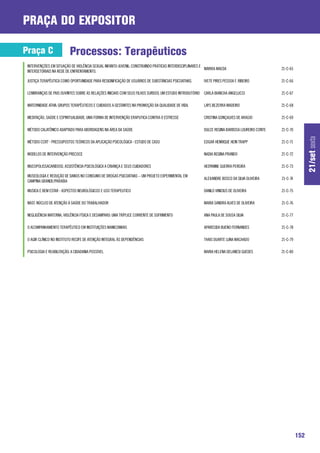 praça do expositor

Praça C                    Processos: Terapêuticos
 INTERVENÇÕES EM SITUAÇÃO DE VIOLÊNCIA SEXUAL INFANTO-JUVENIL: CONSTRUINDO PRÁTICAS INTERDISCIPLINARES E
                                                                                                         NAYARA MAEDA                          21-C-65
 INTERSETORIAIS NA REDE DE ENFRENTAMENTO.

 JUSTIÇA TERAPÊUTICA COMO OPORTUNIDADE PARA RESIGNIFICAÇÃO DE USUÁRIOS DE SUBSTÂNCIAS PSICOATIVAS.       IVETE PIRES PESSOA F. RIBEIRO         21-C-66

 LEMBRANÇAS DE PAIS OUVINTES SOBRE AS RELAÇÕES INICIAIS COM SEUS FILHOS SURDOS: UM ESTUDO INTRODUTÓRIO   CARLA BIANCHA ANGELUCCI               21-C-67

 MATERNIDADE ATIVA: GRUPOS TERAPÊUTICOS E CUIDADOS A GESTANTES NA PROMOÇÃO DA QUALIDADE DE VIDA.         LAYS BEZERRA MADEIRO                  21-C-68

 MEDITAÇÃO, SAÚDE E ESPIRITUALIDADE. UMA FORMA DE INTERVENÇÃO ERAPUTICA CONTRA O ESTRESSE                CRISTINA GONÇALVES DE ARAÚJO          21-C-69

 MÉTODO CALATÔNICO ADAPTADO PARA ABORDAGENS NA ÁREA DA SAÚDE                                             DULCE REGINA BARBOSA LOUREIRO CONTE   21-C-70




                                                                                                                                                               21/set sexta
 MÉTODO CCRT - PRESSUPOSTOS TEÓRICOS DA APLICAÇÃO PSICOLÓGICA - ESTUDO DE CASO                           EDGAR HENRIQUE HEIN TRAPP             21-C-71

 MODELOS DE INTERVENÇÃO PRECOCE                                                                          NADIA REGINA PRANDO                   21-C-72

 MUCOPOLISSACARIDOSE: ASSISTÊNCIA PSICOLÓGICA A CRIANÇA E SEUS CUIDADORES                                HEDYANNE GUERRA PEREIRA               21-C-73

 MUSEOLOGIA E REDUÇÃO DE DANOS NO CONSUMO DE DROGAS PSICOATIVAS – UM PROJETO EXPERIMENTAL EM
                                                                                                         ALEXANDRE BOSCO DA SILVA OLIVEIRA     21-C-74
 CAMPINA GRANDE/PARAÍBA

 MUSICA E BEM ESTAR - ASPECTOS NEUROLÓGICOS E USO TERAPEUTICO                                            DANILO VINICIUS DE OLIVEIRA           21-C-75

 NAST: NÚCLEO DE ATENÇÃO À SAÚDE DO TRABALHADOR                                                          MARIA SANDRA ALVES DE OLIVEIRA        21-C-76

 NEGLIGÊNCIA MATERNA, VIOLÊNCIA FÍSICA E DESAMPARO: UMA TRÍPLICE CORRENTE DE SOFRIMENTO                  ANA PAULA DE SOUSA SILVA              21-C-77

 O ACOMPANHAMENTO TERAPÊUTICO EM INSTITUIÇÕES MANICOMIAIS                                                APARECIDA BUENO FERNANDES             21-C-78

 O AGIR CLÍNICO NO INSTITUTO RECIFE DE ATENÇÃO INTEGRAL ÀS DEPENDÊNCIAS                                  THAIS DUARTE LUNA MACHADO             21-C-79

 PSICOLOGIA E REABILITAÇÃO: A CIDADANIA POSSÍVEL                                                         MARIA HELENA DELANESI GUEDES          21-C-80




                                                                                                                                                         152
 