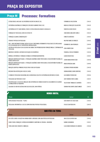 praça do expositor

Praça M                   Processos: Formativos
ESTÁGIO BÁSICO: UM OLHAR DA EXPERIÊNCIA DOCENTE NO ANO DE 2011                                            FERNANDA DA CRUZ BERTAN              21-M-19

EXPERIÊNCIA ACADÊMICA DE FORMAÇÃO DE RECURSOS HUMANOS PARA O SUS                                          MARIA DA CONCEIÇÃO SCALDAFERRI       21-M-20

EXPERIÊNCIA DO PET SAÚDE MENTAL/ CRACK E OUTRAS DROGAS NA CIDADE DE ARACAJU-SE                            ROBERTA DA HORA PASSOS               21-M-21

FORMAÇÃO DE PSICÓLOGOS CURSO DA ESTÁCIO FIC
                     _                                                                                    ZAIDA MARIA CAVALCANTI CAMELO        21-M-22

FORMAÇÃO. ALGUMAS CONSIDERAÇÕES*                                                                          ERNESTO DUVIDOVICH                   21-M-42

FÓRUM DE PRÁTICAS EM PSICOLOGIA                                                                           WALFRIDO NUNES DE MENEZES            21-M-43




                                                                                                                                                               21/set sexta
GIQE - GRUPO INTERINSTITUCIONAL QUEIXA ESCOLAR: CONSTRUINDO ATENDIMENTOS PSICOLÓGICOS ÀS DIFICULDADES
                                                                                                          FERNANDA DE LIMA RODRIGUES           21-M-44
DE ESCOLARIZAÇÃO QUE SE CONTRAPÕEM À MEDICALIZAÇÃO.
HISTÓRIA DA PSICOLOGIA: VELHOS DESAFIOS NO ENSINO E NA APRENDIZAGEM NA FORMAÇÃO INICIAL E CONTINUADA EM
                                                                                                        CARLA ANDRÉA SILVA                     21-M-45
PSICOLOGIA

INDIVÍDUOS COM NÍVEL SUPERIOR EM SITUAÇÃO DE DESEMPREGO                                                   FRANCIELLE ROCHA FERNANDES           21-M-46

INFÂNCIA, EXPERIÊNCIA E FORMAÇÃO: OFICINAS DE APRENDIZAGEM INVENTIVA.                                     ALANA ARAGÃO ÁVILA                   21-M-47

INICIAÇÃO CIENTIFICA NA PESQUISA - A PRODUÇÃO ACADÊMICA SOBRE PROFESSORES: ESTUDO INTERINSTITUCIONAL DA
                                                                                                          SUEMI HAMADA MORAIS SILVA            21-M-48
REGIÃO CENTRO-OESTE
INICIAÇÃO CIENTIFICA NA PESQUISA - A PRODUÇÃO ACADÊMICA SOBRE PROFESSORES: ESTUDO INTERINSTITUCIONAL DA
                                                                                                          MARIA APARECIDA GAMA                 21-M-49
REGIÃO CENTRO-OESTE

INICIAÇÃO CIENTÍFICA: PRIMEIROS PASSOS PARA A ÁREA DA PESQUISA                                            JOCEMARA FERREIRA MOGNON             21-M-50

INTEGRAR PARA APERFEIÇOAR A REDE DE SAÚDE.                                                                ADRIANA MENDES GOMES MONTEIRO        21-M-63

O ENSINO DE PSICOLOGIA EDUCACIONAL NAS LICENCIATURAS: RELATO DE EXPERIÊNCIA NO INTERIOR DO CEARÁ.         ALESSANDRA PEREIRA DIAS              21-M-64

PSICOLOGIA: QUE PROFISSÃO É ESSA?                                                                         JOICY HONORIA FONTES CUNHA           21-M-74

PSICOPATOLOGIA E A ESCUTA DO SINGULAR: UMA EXPERIÊNCIA DE ENSINO EM GRUPO DE ACOLHIMENTO DE USUÁRIOS
                                                                                                          TALITA FREIRE TRINDADE DE SANTANTA   21-M-75
DE AMBULATÓRIO DE PSIQUIATRIA

QUALIDADE DE VIDA NA DOCENCIA: MAIS QUE DISCUSSÃO, UMA VIVÊNCIA.                                          ADRIANA YARA DANTAS CANUTO MINOZI    21-M-76




PORTAL MOSAICO PSICOLOGIA - PLURAL!                                                                       JOÃO ROBERTO DE SOUZA SILVA          21-M-69

PSICOLOGIA E INFORMÁTICA: O USO DO COMPUTADOR NAS PRÁTICAS PSICOLÓGICAS.                                  EVELISE SAIA RODOLPHO                21-M-70




REFLEXÕES SOBRE A ATUAÇÃO NA CIRANDA RUMO À LIBERDADE COMO UMA PRÁTICA EM PSICOLOGIA                      ANA CECÍLIA OLIVEIRA SILVA           21-M-66

SOMOS TIERRA: FORMAÇÃO E VIVÊNCIA NO MOVIMIENTO CAMPESINO DE CÓRDOBA - ARGENTINA                          KARINA SCARAMBONI                    21-M-67

TERRA: UMA VISÃO CONCRETA E SIMBÓLICA                                                                     ELISA RUBBO RODRIGUES DE CAMARGO     21-M-68




                                                                                                                                                         193
 