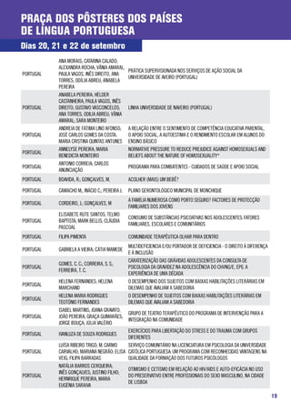 Praça dos Pôsteres dos Países
de Língua Portuguesa
Dias 20, 21 e 22 de setembro
           ANA MORAIS; CATARINA CALADO;
           ALEXANDRA ROCHA; VÂNIA AMARAL,
                                               PRÁTICA SUPERVISIONADA NOS SERVIÇOS DE AÇÃO SOCIAL DA
PORTUGAL   PAULA VAGOS, INÊS DIREITO, ANA
                                               UNIVERSIDADE DE AVEIRO (PORTUGAL)
           TORRES; ODÍLIA ABREU; ANABELA
           PEREIRA
           ANABELA PEREIRA; HÉLDER
           CASTANHEIRA; PAULA VAGOS, INÊS
PORTUGAL   DIREITO; GUSTAVO VASCONCELOS;       LINHA UNIVERSIDADE DE NAVEIRO (PORTUGAL)
           ANA TORRES; ODILIA ABREU; VÂNIA
           AMARAL; SARA MONTEIRO
           ANDREIA DE FÁTIMA LINO AFONSO;      A RELAÇÃO ENTRE O SENTIMENTO DE COMPETÊNCIA EDUCATIVA PARENTAL,
PORTUGAL   JOSÉ CARLOS GOMES DA COSTA;         O APOIO SOCIAL, A AUTOESTIMA E O RENDIMENTO ESCOLAR EM ALUNOS DO
           MARIA CRISTINA QUINTAS ANTUNES      ENSINO BÁSICO
           ANNELYSE PEREIRA; MARIA             NORMATIVE PRESSURE TO REDUCE PREJUDICE AGAINST HOMOSEXUALS AND
PORTUGAL
           BENEDICTA MONTEIRO                  BELIEFS ABOUT THE NATURE OF HOMOSEXUALITY*
           ANTONIO CORREIA; CARLOS
PORTUGAL                                       PROGRAMA PARA COMBATENTES - CUIDADOS DE SAÚDE E APOIO SOCIAL
           ANUNCIAÇÃO
PORTUGAL   BOAVIDA, R.; GONÇALVES, M.          ACOLHER (MAIS) UM BEBÊ?

PORTUGAL   CAMACHO M.; INÁCIO C.; PEREIRA J.   PLANO GERONTOLÓGICO MUNICIPAL DE MONCHIQUE
                                               A FAMÍLIA NUMEROSA COMO PORTO SEGURO? FACTORES DE PROTECÇÃO
PORTUGAL   CORDEIRO, J.; GONÇALVES, M
                                               FAMILIARES DOS JOVENS
           ELISABETE RUTE SANTOS; TELMO
                                               CONSUMO DE SUBSTÂNCIAS PSICOATIVAS NOS ADOLESCENTES: FATORES
PORTUGAL   BAPTISTA; MARK BELLIS; CLÁUDIA
                                               FAMILIARES, ESCOLARES E COMUNITÁRIOS
           PASCOAL
PORTUGAL   FILIPA PIMENTA                      COMUNIDADE TERAPÊUTICA OLHAR PARA DENTRO
                                               MULTIDEFICIENCIA E/OU PORTADOR DE DEFICIENCIA - O DIREITO À DIFERENÇA
PORTUGAL   GABRIELA A VIEIRA; CÁTIA MAMEDE
                                               E À INCLUSÃO
                                               CARATERIZAÇÃO DAS GRÁVIDAS ADOLESCENTES DA CONSULTA DE
           GOMES, C. C.; CORREIRA, S. S.;
PORTUGAL                                       PSICOLOGIA DA GRAVIDEZ NA ADOLESCÊNCIA DO CHVNG/E, EPE: A
           FERREIRA, T. C.
                                               EXPERIÊNCIA DE UMA DÉCADA
           HELENA FERNANDES; HELENA            O DESEMPENHO DOS SUJEITOS COM BAIXAS HABILITAÇÕES LITERÁRIAS EM
PORTUGAL
           MARCHAND                            DILEMAS QUE AVALIAM A SABEDORIA
           HELENA MARIA RODRIGUES              O DESEMPENHO DE SUJEITOS COM BAIXAS HABILITAÇÕES LITERÁRIAS EM
PORTUGAL
           TEOTÓNIO FERNANDES                  DILEMAS QUE AVALIAM A SABEDORIA
           ISABEL MARTINS; JOANA GRAVATO;
                                           GRUPO DE TEATRO TERAPÊUTICO DO PROGRAMA DE INTERVENÇÃO PARA A
PORTUGAL   JOÃO PEREIRA; GRAÇA GUIMARÃES;
                                           INTEGRAÇÃO NA COMUNIDADE
           JORGE BOUÇA; JÚLIA VALÉRIO
                                           EXERCÍCIOS PARA LIBERTAÇÃO DO STRESS E DO TRAUMA COM GRUPOS
PORTUGAL   IVANLUZA DE SOUZA RODRIGUES
                                           DIFERENTES
           LUÍSA RIBEIRO TRIGO; M. CARMO   SERVIÇO COMUNITÁRIO NA LICENCIATURA EM PSICOLOGIA DA UNIVERSIDADE
PORTUGAL   CARVALHO; MARIANA NEGRÃO; ELISA CATÓLICA PORTUGUESA: UM PROGRAMA COM RECONHECIDAS VANTAGENS NA
           VEIG; FILIPA BARRADAS           QUALIDADE DA FORMAÇÃO DOS FUTUROS PSICÓLOGOS
           NATÁLIA BARROS CERQUEIRA;
                                           OTIMISMO E CETISMO EM RELAÇÃO AO HIV/AIDS E AUTO-EFICÁCIA NO USO
           INÊS GONÇALVES; JUSTINO FILHO;
PORTUGAL                                   DO PRESERVATIVO ENTRE PROFISSIONAIS DO SEXO MASCULINO, NA CIDADE
           HERNRIQUE PEREIRA; MARIA
                                           DE LISBOA
           EUGÉNIA SARAIVA

                                                                                                                       19
 