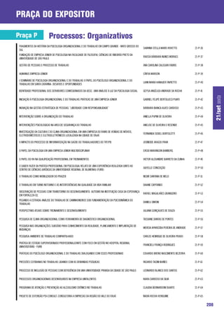 praça do expositor

Praça P                   Processos: Organizativos
 FRAGMENTOS DA HISTÓRIA DA PSICOLOGIA ORGANIZACIONAL E DO TRABALHO EM CAMPO GRANDE - MATO GROSSO DO
                                                                                                        SABRINA STELLA MARIS ROVETTO          21-P-36
 SUL
 FUNDAÇÃO DE EMPRESA JÚNIOR DE PSICOLOGIA NA FACULDADE DE FILOSOFIA, CIÊNCIAS DE RIBEIRÃO PRETO DA
                                                                                                        RAISSA BÁRBARA NUNES MORAES           21-P-37
 UNIVERSIDADE DE SÃO PAULO

 GESTÃO DE PESSOAS E PROCESSO DE TRABALHO                                                               ANA CAROLINA CALEGARI FABRIS          21-P-38

 HUMANUS EMPRESA JÚNIOR                                                                                 CÍNTIA MARSON                         21-P-39

 I SEMINÁRIO DE PSICOLOGIA ORGANIZACIONAL E DO TRABALHO: O PAPEL DO PSICÓLOGO ORGANIZACIONAL E DO
                                                                                                        LIANI MARIA HANAUER FAVRETTO          21-P-40
 TRABALHO EM SANTA CATARINA: DESAFIOS E OPORTUNIDADES

 IDENTIDADE PROFISSIONAL DOS SERVIDORES COMISSIONADOS DA UESC: UMA ANÁLISE À LUZ DA PSICOLOGIA SOCIAL   GEYSA ANGÉLICA ANDRADE DA ROCHA       21-P-41




                                                                                                                                                              21/set sexta
 INICIAÇÃO À PSICOLOGIA ORGANIZACIONAL E DO TRABALHO: PRÁTICAS DE UMA EMPRESA JÚNIOR                    GABRIEL FELIPE BERTOLUCCI PUIATI      21-P-42

 INOVAÇÃO NA GESTÃO ESTRATÉGICA DE PESSOAS: ``LIBERDADE COM RESPONSABILIDADE``                          BÁRBARA BIANCA ALVES CARDOSO          21-P-43

 INTERVENÇÃO SOBRE A ORGANIZAÇÃO DO TRABALHO                                                            ANIELLA PUPIM DE OLIVEIRA             21-P-44

 INTERVENÇÕES PSICOLOGICAS NA AREA DE SEGURANÇA DO TRABALHO                                             ANELISE DE OLIVEIRA E RESENDE         21-P-45

 INVESTIGAÇÃO DA CULTURA E DO CLIMA ORGANIZACIONAL EM UMA EMPRESA DO RAMO DE VENDAS DE MÓVEIS,
                                                                                                        FERNANDA SEIDEL BORTOLOTTI            21-P-46
 ELETRODOMÉSTICOS E ELETROELETRÔNICOS LOCALIZADA NA CIDADE DE ITAJAÍ

 O IMPACTO DO PROCESSO DE INFORMATIZAÇÃO NA SAÚDE DO TRABALHADORES DO TRT/PB                            JOSINEIDE ARAÚJO PAIVA                21-P-47

 O PAPEL DA PSICOLOGIA EM UMA EMPRESA JÚNIOR MULTIDISCIPLINAR                                           ERCIO MARANGON BAMBERG                21-P-48

 O PAPEL DO RH NA QUALIFICAÇÃO PROFISSIONAL EM TREINAMENTOS                                             VICTOR ALEXANDRE BARRETO DA CUNHA     21-P-49

 O SABER FAZER DA PRÁTICA PROFISSIONAL EM PSICOLOGIA: RELATO DE UMA EXPERIÊNCIA REALIZADA JUNTO AO
                                                                                                        JULYELLE CONCEIÇÃO                    21-P-50
 CENTRO DE CIÊNCIAS JURÍDICAS DA UNIVERSIDADE REGIONAL DE BLUMENAU (FURB)

 O TRABALHO COMO MOBILIZADOR DO PRAZER                                                                  NEDIR SANTANA DE MELO                 21-P-51

 O TRABALHO EM TURNO NOTURNO E AS INTERFERÊNCIAS NA QUALIDADE DA VIDA FAMILIAR                          DAIANE CAPITANEO                      21-P-52

 OBSERVAÇÃO DE PESSOAS COM TRANSTORNO DO DESENVOLVIMENTO: AUTISMO NA INSTITUIÇÃO CASA DA ESPERANÇA
                                                                                                        RAFAEL MAGALHÃES GRANGEIRO            21-P-53
 EM FORTALEZA-CE.
 PEGANDO A ESTRADA: ANÁLISE DO TRABALHO DE CAMINHONEIROS SOB FUNDAMENTAÇÃO DA PSICODINÂMICA DO
                                                                                                        DANIELI SIMONI                        21-P-54
 TRABALHO

 PERSPECTIVAS ATUAIS SOBRE TREINAMENTO E DESENVOLVIMENTO                                                JULIANA GONÇALVES DE SOUZA            21-P-55

 PESQUISA DE CLIMA ORGANIZACIONAL COMO FERRAMENTA DE DIAGNÓSTICO ORGANIZACIONAL                         TASSIANE DANTAS DE PONTES             21-P-56

 PESQUISA NAS ORGANIZAÇÕES: SUBSÍDIO PARA CONHECIMENTO DA REALIDADE, PLANEJAMENTO E IMPLANTAÇÃO DE
                                                                                                        MERCIA APARECIDA PEREIRA DE ANDRADE   21-P-57
 MUDANÇAS

 PESQUISA: AMBIENTE DE TRABALHO COMPARTILHADO                                                           CARLOS HENRIQUE DE OLIVEIRA PRADO     21-P-58

 PRÁTICA DE ESTÁGIO SUPERVISIONADO PROFISSIONALIZANTE COM FOCO EM GESTÃO NO HOSPITAL REGIONAL
                                                                                                        FRANCIELI FRANÇA RODRIGUES            21-P-59
 UNIVERSITÁRIO - FURB

 PRÁTICAS DO PSICÓLOGO ORGANIZACIONAL E DO TRABALHO: DIALOGANDO COM ESSES PROFISSIONAIS                 EDUARDO BRENO NASCIMENTO BEZERRA      21-P-60

 PRESSÕES COTIDIANAS NO TRABALHO: LIDANDO COM AS DEMANDAS PSÍQUICAS                                     RICARDO TACINI IBAÑES                 21-P-61

 PROCESSO DE INCLUSÃO DE PESSOAS COM DEFICIÊNCIA EM UMA UNIVERSIDADE PRIVADA DA CIDADE DE SÃO PAULO     LEONARDO BLANCO DOS SANTOS            21-P-62

 PROCESSOS ORGANIZACIONAIS DESENVOLVIDOS NA EMPRESA UNITALENTOS                                         KIARA CARDOSO DA SILVA                21-P-63

 PROGRAMA DE ATENÇÃO E PREVENÇÃO AO ALCOOLISMO CRÔNICO NO TRABALHO                                      CLAUDIA BERNARDONI DUARTE             21-P-64

 PROJETO DE EXTENSÃO PSI-CONSULT: CONSULTORIA A EMPRESAS DA REGIÃO DO VALE DO ITAJAÍ                    NADIA ROCHA VERIGUINE                 21-P-65


                                                                                                                                                        208
 