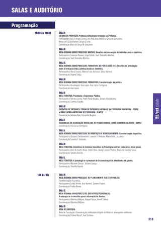 Salas e Auditório

Programação
         11h30 às 13h30   SALA A
                          50 ANOS DE PROFISSÃO: Práticas profissionais reveladas na 2ª Mostra.
                          Participantes: Acácia Angeli Santos, Ana M.B. Bock, Maria da Graça M. Gonçalves,
                          Mônica H.T.A. Gianfaldoni, Sérgio S. Leite.
                          Coordenação: Maria da Graça M. Gonçalves
                          SALA B
                          MESA REDONDA SOBRE PROCESSOS GRUPAIS: Desafios na intersecção do indivíduo com os coletivos.
                          Participantes: Emerson Rasera, Jorge Broide, Sueli Teresinha Martins.
                          Coordenação: Sueli Teresinha Martins.
                          SALA C
                          MESA REDONDA SOBRE PROCESSOS FORMATIVOS DE PSICÓLOGAS (OS): Desafios da articulação
                          entre a formação ética, política,técnica e científica.
                          Participantes: Alacir Cruces, Mônica Lima de Jesus, Sônia Barroco.
                          Coordenação: Angela Soligo.
                          SALA D
                          MESA REDONDA SOBRE PROCESSOS FORMATIVOS: Caracterização da prática.
                          Participantes: Ana Aragão, Ana Lopes, Ana Lúcia Cortegoso.
                          Coordenação: Ana Lopes
                          SALA E
                          MESA TEMÁTICA: Psicologia e Segurança Pública.
                          Participantes: Adriana Loche, Pedro Paulo Bicalho, Tatiana Vasconcelos.




                                                                                                                                        22/set sábado
                          Coordenação: Cynthia Ciarallo.
                          SALA G
                          ENCONTRO DE ENTIDADES: FÓRUM DE ENTIDADES NACIONAIS DA PSICOLOGIA BRASILEIRA - FENPB
                          e UNIÃO LATINO-AMERICANA DE PSICOLOGIA - ULAPSI.
                          Coordenação: Adriana Eiko, Fernanda Magano
                          SALA I
                          ASSEMBLEIA DA ASSOCIAÇÃO BRASILEIRA DE PESQUISADORES SOBRE ECONOMIA SOLIDÁRIA - ABPES
                          Coordenação: Ana Lúcia Cortegoso.
                          SALA J
                          MESA REDONDA SOBRE PROCESSOS DE ORIENTAÇÃO E ACONSELHAMENTO: Caracterização da prática.
                          Participantes: Gustavo Zambenedetti, Leandro F. Andrade, Maria Célia Lassance.
                          Coordenação: Leandro F. Andrade.
                          SALA K
                          MESA TEMÁTICA: Iniciativas do Sistema Conselhos de Psicologia contra a redução da idade penal.
                          Participantes: Ariel de Castro Alvez, Iolete Silva, Liliany Loureiro Pontes, Maria de Lourdes Trassi.
                          Coordenação: Sandra Amorim.
                          SALA L
                          MESA TEMÁTICA: A psicologia e o processo de (re)construção de identidades de gênero.
                          Participantes: Marivete Gesser, Tatiana Lionço.
                          Coordenação: Theófilo Gravini.


           14h às 16h     SALA B
                          MESA REDONDA SOBRE PROCESSOS DE PLANEJAMENTO E GESTÃO PUBLICA:
                          Caracterização da prática.
                          Participantes: Emília Broide, Ana Heckert, Simone Paulon.
                          Coordenação: Emília Broide.
                          SALA C
                          MESA REDONDA SOBRE PROCESSOS EDUCATIVOS/PEDAGOGICOS:
                          A educação e os desafios para a afirmação de direitos.
                          Participantes: Albertina Mitjáns, Raquel Guzzo, Roseli Caldas.
                          Coordenação: Albertina Mitjáns
                          SALA D
                          RODA DE CONVERSA
                          Rede de Psicologia e Comunicação: publicidade dirigida à infância e propagando subliminar.
                          Coordenação: Fátima Nassif, Suel Schiavo.
                                                                                                                                  218
 