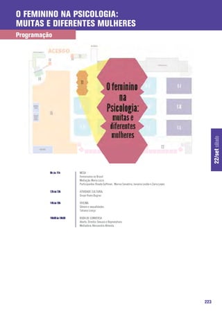 O feminino na Psicologia:
muitas e diferentes mulheres
Programação




                                                                                                                22/set sábado
          9h às 11h        MESA
                           Feminismos no Brasil
                           Mediação: Maria Lúcia
                           Participantes: Rosely Goffman, Marisa Sanabria, Janaina Leslão e Zaira Lopes

          12h às 13h       ATIVIDADE CULTURAL
                           Grupo Vozes Bugras

          14h às 16h       OFICINA
                           Gênero e sexualidades
                           Tatiana Lionço

          16h30 às 18h30   RODA DE CONVERSA
                           Aborto, Direitos Sexuais e Reprodutivos
                           Mediadora: Alessandra Almeida




                                                                                                          223
 