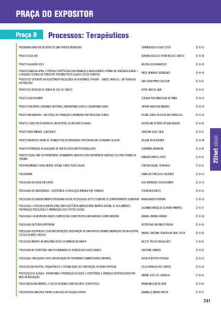 praça do expositor

Praça B                    Processos: Terapêuticos
 PROGRAMA HABILITAR: DESAFIOS DE UMA PRÁTICA INOVADORA                                                    CARMEN ADELIA SAAD COSTA               22-B-35

 PROJETO ACOLHER                                                                                          ADRIANO AUGUSTO FERREIRA DOS SANTOS    22-B-38

 PROJETO ALGODÃO DOCE                                                                                     VALERIA ROCHA MACEDO                   22-B-39

 PROJETO CAVAS DA UFMG, A PRÁTICA TERAPÊUTICA COM CRIANÇAS E ADOLESCENTES VÍTIMAS DE VIOLÊNCIA SEXUAL E
                                                                                                          DIEGO HENRIQUE RODRIGUES               22-B-40
 A PESQUISA TEÓRICA DE CONCEITOS PSICANALÍTICOS LIGADOS A ESSA TEMÁTICA
 PROJETO DE EXTENSÃO EM ASSISTÊNCIA PSICOLÓGICA AO ACADÊMICO (PROAPA – (UNESP, MARÍLIA ) : UM TRABALHO
                                                                                                          ANA LAURA PIRES CALLEJON               22-B-41
 EM PARCERIA

 PROJETO DE REDUÇÃO DE DANOS AO USO DO TABACO                                                             VITOR LIMA DA SILVA                    22-B-42

 PROJETO DOUTORZINHO                                                                                      CLAUDIA TEREZINHA SILVA DE PINHO       22-B-43

 PROJETO ENCONTAR: CONTANDO HISTÓRIAS, ENFRENTANDO DORES E ENCANTANDO VIDAS                               CINTHIA MAIA PEDERNEIRAS               22-B-44

 PROJETO INCUBADORA - UM ESPAÇO DE FORMAÇÃO CONTINUADA EM PSICOLOGIA CLÍNICA                              SELME LISBOA DA COSTA VASCONCELLOS     22-B-45

 PROJETO LÚDICO NA PEDIATRIA DE UM HOSPITAL DO INTERIOR DA BAHIA.                                         JACQUELINE PEREIRA DA SILVA MORAIS     22-B-46

 PROJETO MATERNIDADE CONSCIENTE                                                                           CAROLINA ALVES SILVA                   22-B-47




                                                                                                                                                                 22/set sábado
 PROJETO NEUROPSY ATEND AS TÉCNICAS PSICOPEDAGÓGICAS PREVENTIVAS NO COTIDIANO ESCOLAR                     HELENA RFSA KLEINER                    22-B-48

 PROJETO PROMOÇÃO DA QUALIDADE DE VIDA DO IDOSO INSTITUCIONALIZADO                                        FERNANDA GRENDENE                      22-B-49

 PROJETO SOCIAL MÃE DA PROVIDÊNCIA ATENDIMENTO GRATUITO COM EXPERIÊNCIA SOMÁTICA (SE) PARA VÍTIMAS DE
                                                                                                          DANUZIA SANTOS LOPES                   22-B-51
 TRAUMA

 PROPORCIONANDO SAÚDE MENTAL OFICINA SOMOS TODOS IGUAIS                                                   CYNTHIA RAQUEL FERRABOLI               22-B-52

 PSICODRAMA                                                                                               CAMILA DETONI SA DE FIGUEIREO          22-B-53

 PSICOLOGIA DA SAÚDE EM CURTAS                                                                            JOSE RODRIGUES ROCHA JUNIOR            22-B-54

 PSICOLOGIA DE EMERGÊNCIAS - ASSISTÊNCIA À POPULAÇÃO ATINGIDA POR TORNADO.                                OTHON VIERA NETO                       22-B-55

 PSICOLOGIA DO EMAGRECIMENTO PROGRAMA RAFCAL REEDUCACAO AFETO COGNITIVA DO COMPORTAMENTO ALIMENTAR MARIA MARTA FERREIRA                          22-B-56

 PSICOLOGIA E A FISSURA LABIOPALATINA: UMA ASSISTÊNCIA AMBULATORIAL INFANTO-JUVENIL DE ACOLHIMENTO,
                                                                                                          JULIANNE DANTAS DE OLIVEIRA PIMENTEL   22-B-57
 PREPARAÇÃO PSICOLÓGICA E AMENIZAÇÃO DOS EFEITOS SOCIAIS

 PSICOLOGIA E ACUPUNTURA (DIGITO-CONPRESSÃO) COMO PRÁTICA: INTEGRATIVA E COMPLEMENTAR                     AMARAL AMARIO ARRUDA                   22-B-58

 PSICOLOGIA EM TERAPIA INTENSIVA                                                                          HEITOR DIAS ANTUNES PEREIRA            22-B-59

 PSICOLOGIA HOSPITALAR E SUAS INTERVENÇÕES: OBSERVAÇÃO DE UMA PRÁTICA EM IMPLEMENTAÇÃO EM UM HOSPITAL
                                                                                                      ANDREA CRISTINA TEIXEIRA DA SILVA COSTA    22-B-60
 ESCOLA DE MATO- GROSSO

 PSICOLOGIA INFANTIL NA AMAZÔNIA: REDES DO BRINCAR NO AMAPÁ                                               GILZETE PASSOS MAGALHÃES               22-B-61

 PSICOLOGIA NO TERRITÓRIO: UMA POSSIBILIDADE DE ATENÇÃO AOS CASOS GRAVES                                  CRISTIANE DAMEDA                       22-B-62

 PSICOLOGIA, ONCOLOGIA E ARTE: INTERVENÇÃO NO TRATAMENTO QUIMIOTERÁPICO INFANTIL.                         RAFAELA BATTISTI PEREIRA               22-B-63

 PSICÓLOGO NO HOSPITAL PSIQUIÁTRICO E A POSSIBILIDADE DE CONSTRUÇÃO DE NOVAS PRÁTICAS                     JÚLIA CARVALHO DOS SANTOS              22-B-64

 PSICÓLOGOS DA ALEGRIA - VIVENCIANDO A PROMOÇÃO DA SAÚDE E ASSISTÊNCIA A CRIANÇAS HOSPITALIZADAS POR
                                                                                                          SIMONE ALVES DE CARVALHO               22-B-65
 MEIO DA INTERAÇÃO.

 PSICO-ONCOLOGIA INFANTIL: O USO DO DESENHO COMO RECURSO TERAPÊUTICO.                                     BRUNA MILLENA DA SILVA                 22-B-66

 PSICOTERAPIA ANALÍTICA FRENTE A UM CASO DE FIXAÇÃO EDÍPICA                                               GABRIELLE RIBEIRO MOTTA                22-B-67


                                                                                                                                                           241
 