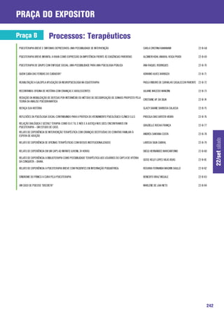 praça do expositor

Praça B                   Processos: Terapêuticos
 PSICOTERAPIA BREVE E SINTOMAS DEPRESSIVOS: UMA POSSIBILIDADE DE INTERVENÇÃO                                CARLA CRISTINA KAWANAMI                      22-B-68

 PSICOTERAPIA BREVE INFANTIL: A RAIVA COMO EXPRESSÃO DA IMPOTÊNCIA FRENTE ÀS EXIGÊNCIAS PARENTAIS           ALCIMERI KÜHL AMARAL VEIGA PRATA             22-B-69

 PSICOTERAPIA DE GRUPO COM ENFOQUE SOCIAL: UMA POSSIBILIDADE PARA UMA PSICOLOGIA PÚBLICA                    ANA RAQUEL RODRIGUES                         22-B-70

 QUEM CUIDA DAS FERIDAS DO CUIDADOR?                                                                        ADRIANO ALVES BARBOZA                        22-B-71

 REABILITAÇÃO A GALOPE:A APLICAÇÃO DA NEUROPSICOLOGIA NA EQUOTERAPIA                                        PAOLA RIBEIRO DE CARVALHO CASALECCHI PARENTE 22-B-72

 RECONTANDO: OFICINA DE HISTÓRIA COM CRIANÇAS E ADOLESCENTES                                                JULIANE MACEDO MANZINI                       22-B-73

 REDUÇÃO DA MOBILIZAÇÃO DE DEFESAS POR INTERMÉDIO DO MÉTODO DE DECODIFICAÇÃO DE SONHOS PROPOSTO PELA
                                                                                                     CRISTIANE AP. DA SILVA                              22-B-74
 TEORIA DA ANÁLISE PSICODRAMÁTICA

 REFAÇA SUA HISTÓRIA                                                                                        GLACY DAIANE BARBOSA CALASSA                 22-B-75

 REFLEXÕES DA PSICÓLOGIA SOCIAL CONTRIBUINDO PARA A PRÁTICA DO ATENDIMENTO PSICOLÓGICO CLÍNICO S.U.S        PRISCILA DIAS BATISTA VIEIRA                 22-B-76

 RELAÇÃO DIALÓGICA E GESTALT TERAPIA: COMO EU E TU, E NÓS E A JUSTIÇA NOS (DES) ENCONTRAMOS EM
                                                                                                            GRAZIELLE ROCHA FRANÇA                       22-B-77
 PSICOTERAPIA – UM ESTUDO DE CASO.
 RELATO DE EXPERIÊNCIA DE INTERVENÇÃO TERAPÊUTICA COM CRIANÇAS DESTITUÍDAS DO CONVÍVIO FAMILIAR À
                                                                                                            ANDRÉA SANTANA COSTA                         22-B-78
 ESPERA DE ADOÇÃO




                                                                                                                                                                         22/set sábado
 RELATO DE EXPERIÊNCIA DE OFICINAS TERAPÊUTICAS COM IDOSOS INSTITUCIONALIZADOS                              LARISSA SILVA CABRAL                         22-B-79

 RELATO DE EXPERIÊNCIA EM UM CAPS AD INFANTO JUVENIL 24 HORAS                                               DIEGO HERNANDES MARCANTONIO                  22-B-80

 RELATO DE EXPERIÊNCIA: A BIBLIOTERAPIA COMO POSSIBILIDADE TERAPÊUTICA AOS USUÁRIOS DO CAPS II DE VITÓRIA
                                                                                                            GEISE KELLY LOPES VILAS BOAS                 22-B-81
 DA CONQUISTA – BAHIA.

 RELATO DE EXPERIÊNCIA: A PSICOTERAPIA BREVE COM PACIENTES EM INTERNAÇÃO PSIQUIÁTRICA.                      ROSARIA FERNANDA MAGRIN SAULLO               22-B-82

 SÍNDROME DO PÂNICO A CURA PELA PSICOTERAPIA                                                                BENEDITO BRAZ MEGALE                         22-B-83

 UM CASO DE PSICOSE “DISCRETA”                                                                              MARLENE DE LAIA NETO                         22-B-84




                                                                                                                                                                   242
 