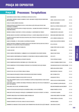 praça do expositor

Praça C                   Processos: Terapêuticos
 SAÚDE MENTAL NA SAÚDE DA FAMÍLIA: A EXPERIÊNCIA DE UM PASSEIO AO CAPS AD                                KAREN BATISTA                              22-C-34

 SAÚDE MENTAL: ROMPENDO OS MUROS DA UNIDADE DE SAÚDE E AMPLIANDO A ATENÇÃO BÁSICA NO BAIRRO MARIA
                                                                                                         SAMUEL LOUZADA CASTRO DE OLIVEIRA          22-C-35
 ORTIZ EM VITÓRIA-ES.

 SERVIÇO DE ACONSELHAMENTO PSICOLÓGICO                                                                   MARIA INÊS BUSTAMANTE                      22-C-36

 SERVIÇO HOSPITALAR DE REFERÊNCIA DE ÁLCOOL E OUTRAS DROGAS: AÇÕES ARTICULADAS EM REDE COMO
                                                                                                         MARIA STELLA FERREIRA CORDOVIL CASOTTI     22-C-37
 ESTRATÉGIAS DE TRATAMENTO
 SERVIÇOS SUBSTITUTIVOS:CAPS(CENTRO DE ATENÇÃO PSICOSSOCIAL) - UM GANHO PARA PACIENTES PORTADORES DE
                                                                                                         ZOZIMEIRE PLACIDO CALDAS                   22-C-38
 TRANSTORNOS MENTAIS.

 SÍNDROME DE BURNOUT EM MOTOBOYS: O ESTRESSE OCUPACIONAL E O COMPORTAMENTO NO TRÂNSITO                   ROSIMAR VAN DYKE DE LIMA CANTO             22-C-39

 SINTOMAS ANSIOSOS EM GESTANTES COM INTERNAÇÃO HOSPITALAR E GESTANTES AMBULATORIAIS EM PELOTAS, RS       MARGA MARIA ANDRÉ MENDES BERTA             22-C-40

 SITUAÇÕES DE ÓBITO NO PLANTÃO PSICOLÓGICO EM HOSPITAL GERAL: PRÁTICA DO PSICÓLOGO POR DEMANDA DAS
                                                                                                         JOSÉ DE ARIMATEIA RODRIGUES REIS           22-C-41
 EQUIPES DE SAÚDE

 SOMATIC EXPERIENCING ( SE ) PARA USUÁRIOS DE SUBSTÂNCIAS PSICOATIVAS                                    ARLEIDE ARAUJO BEZERRA DE MENESES          22-C-42

 SUPORTE PSICOLÓGICO A FAMILIARES DE PACIENTES EM PROTOCOLO PARA MORTE ENCEFÁLICA (ME) NO SETORES DE
                                                                                                         KEYLA COSTA REIS                           22-C-43
 EMERGÊNCIA E UTI DE UM HOSPITAL PÚBLICO EM SALVADOR/BA

 SURDEZ E LINGUAGEM - UMA ESCUTA PSICANALÍTICA                                                           VIVIANE ESPÍRITO SANTO DOS SANTOS          22-C-44




                                                                                                                                                                    22/set sábado
 TE CONTO UM CONTO                                                                                       DENISE ZANATTA                             22-C-45

 TERAPIA COGNITIVA COMPORTAMENTAL E A DIMINUIÇÃO DO USO DE MEDICAMENTOS PARA PACIENTES INSONES.          CAMILA DE MASI TEIXEIRA                    22-C-46

 TERAPIA COGNITIVO COMPORTAMENTAL NO TRATAMENTO DO TRANSTORNO DE COMPULSÃO ALIMENTAR PERIÓDICA           VERA SCOTTI                                22-C-47

 TERAPIA COGNITIVO-COMPORTAMENTAL EM PACIENTES BRUXISTAS                                                 TERESA CRISTINA DE SIQUEIRA                22-C-48

 TERAPIA COMUNITÁRIA INTEGRATIVA: CONSTRUINDO LAÇOS, FORTALECENDO A VIDA.                                CLÁUDIA SCOGNAMIGLIO RIBEIRO DO VALLE     22-C-49

 TERAPIA COMUNITÁRIA: AS POSSÍVEIS MUDANÇAS VIVENCIADAS PELOS PARTICIPANTES NA RELAÇÃO FAMILIAR          CAROLINA NAJARA ARAUJO DE OLIVEIRA SANTANA 22-C-50

 TERAPIA DA ALEGRIA                                                                                      ANDREIA KARLA MORAES ARRUDA               22-C-51

 TERAPIA DE CASAL SOB A LUZ DA TEORIA DO VINCULO CONJUGAL                                                MARIA APARECIDA B F MAGACHO               22-C-52

 TERAPIA FAMILIAR NA DROGADIÇÃO:O SINTOMA COMO MENSAGEM DA NECESSIDADE DE MUDANÇA                        DIRCE TERESINHA TATSCH                    22-C-53

 TERAPIA OCUPACIONAL DESTINADA AOS ADOLESCENTES DO GACC-AM                                               LAENA MOUSSE PORTELA                      22-C-54

 TÍTULO: ENVELHECIMENTO SAUDÁVEL: RELATO DE EXPERIÊNCIA DO CENTRO DE ATENÇÃO INTEGRAL À SAÚDE DO IDOSO
                                                                                                         FABÍOLA VELOSO DA FONSECA MEDEIROS        22-C-55
 – SÃO LUÍS-MA
 TRABALHANDO A MORTE E O MORRER COM CRIANÇAS PORTADORAS DE CÂNCER QUE ESTÃO FORA DE POSSIBILIDADE DE
                                                                                                     GISELLE MARANHÃO SUCUPIRA MESQUITA            22-C-56
 CURA E SEUS FAMILIARES

 TRABALHANDO COM ESCOLARES, UMA MANEIRA DIFERENTE                                                        ANGELINA BERNARDINA AGUIAR NASCIMENTO     22-C-57

 TRABALHO ESPECIALIZADO NA RECUPERAÇÃO DA DEPENDÊNCIA QUÍMICA E OUTRAS DEPENDÊNCIAS.                     MONIQUE BRANDÃO DE FREITAS                22-C-58

 TRANSPLANTE HEPÁTICO: AVALIAÇÃO, PREPARAÇÃO E ACOMPANHAMENTO PSICOLÓGICO AO PACIENTE E SUA FAMÍLIA.     LETICIA MACEDO GABARRA                    22-C-59

 TRATAMENTO AMBULATORIAL PARA DEPENDENCIA QUIMICA EM MANAUS-AM                                           LENARA BARROS MUNIZ DE PAULA NUNES        22-C-60

 TRATAMENTO DE DEPENDÊNCIA QUÍMICA (ALCÓOL)                                                              VIVIANE RESENDE DA COSTA MELO             22-C-61

 TRAUMAS DECORRENTES DE FATOS REAIS: ANÁLISE DE UM CASO DE INCESTO.                                      CHRISTIANE SANCHES                        22-C-62

 TREINAMENTO DE HABILIDADES SOCIAIS EDUCATIVAS COMO FERRAMENTA PARA A MELHORA DAS RELAÇÕES FAMILIARES JOENE VIEIRA DOS SANTOS                      22-C-63


                                                                                                                                                              245
 