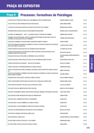 praça do expositor

Praça K                   Processos: Formativos de Psicólogos
 O PROFESSOR QUE TEM DENTRO DE MIM: RELATO DE UMA DINÂMICA DE GRUPO COM UNIVERSITÁRIOS.                MARIANA GARBIM DE OLIVEIRA                22-K-40

 O RELATO POÉTICO DE UMA EXPERIÊNCIA PRÁTICA EM PSICOPATOLOGIA                                         ANAÍSA RIBEIRO AMORIM                     22-K-41

 O TRABALHO DA PSICOLOGIA NA PERSPECTIVA DOS DIREITOS DAS PESSOAS E DA COLETIVIDADE                    MIRVANA SPINOLA BARBOSA                   22-K-42

 OBSERVATÓRIO METODOLÓGICO: EM BUSCA DE UMA FORMAÇÃO INTERDISCIPLINAR                                  MARIANA LEONESY DA SILVEIRA BARRETO       22-K-43

 ORA (DIREIS) VER BRINCADEIRAS?! - PARTE I - O GUERREIRO DA BOCA E O PERDEDOR DAS PEDRINHAS.           SABRINA AGUIAR CERQUEIRA                  22-K-44

 PENSANDO A ESCOLHA PROFISSIONAL: PROJETOS DE ORIENTAÇÃO PROFISSIONAL APLICADOS NAS ESCOLAS POR
                                                                                                       VERÔNICA CARRAZZONE BORGES                22-K-45
 ESTUDANTES DE PSICOLOGIA NO ESTADO DE PERNAMBUCO.

 PERCEPÇÃO DO FORMANDO DE PSICOLOGIA SOBRE SUA INSERÇÃO NO CAMPO DE TRABALHO                           ROSNELDA PONICK                           22-K-65

 PERFIL DE PERSONALIDADE OBSERVADO EM ACADÊMICOS DO CURSO DE PSICOLOGIA COM OBJETIVO DE PROGRESSÃO
                                                                                                       ELIZABETH BATISTA TEIXEIRA                22-K-66
 NOS ESTUDOS: ANÁLISE A PARTIR DO IFP

 PESQUISA CIENTÍFICA EM PSICOLOGIA: RELATO DE EXPERIÊNCIA EM UM ESTÁGIO BÁSICO                         CLEYCIANE ALVES DE FARIA                  22-K-67

 PESQUISA QUALITATIVA: ANÁLISE EPISTEMOLÓGICA DOS MAPAS CATEGORIAIS DE CINCO DISSERTAÇÕES DE UM
                                                                                                       WYDGLAN DA SILVA CRUZ                     22-K-68
 PROGRAMA DE MESTRADO EM PSICOLOGIA
                                                                                                       SUELENA APARECIDA HERRERA MONTEIRO DE
 PESQUISAS EM PSICOLOGIA: FORTALECENDO O COMPROMISSO SOCIAL DA PROFISSÃO                                                                         22-K-69
                                                                                                       CASTRO




                                                                                                                                                                 22/set sábado
 PLANTÃO PSICOLÓGICO E NOVAS PRÁTICAS PSI: RELATO DE DUAS EXPERIÊNCIAS NA CIDADE DE BELÉM              CRISSIA ROBERTA PONTES CRUZ               22-K-70

 PLANTÃO PSICOLÓGICO NA POLÍCIA MILITAR - UM RELATO DE EXPERIÊNCIA -                                   GIULIA VIOTTI GRANATO                     22-K-71

 PLANTÃO PSICOLÓGICO: A EXPERIÊNCIA IMPACTANTE DA CLÍNICA PSICOLÓGICA                                  CARMEM RUBIA RANGEL                       22-K-72

 PRÁTICA DE SUPERVISÃO EM ESTÁGIO DE PROMOÇÃO E PREVENÇÃO À SAÚDE EM UM HOSPITAL PRIVADO DE MACEIÓ
                                                                                                       MÔNICA SAEMI OKABE                        22-K-73
 (AL).
 PROCESSO DE OBSERVAÇÃO DO FENÔMENO PSICOLÓGICO VIOLÊNCIA DAS ACADÊMICAS DO CURSO DE PSICOLOGIA DA
                                                                                                       JAQUELINE GUINZELLI                       22-K-74
 UNOESC CAMPUS DE XANXERÊ

 PROGRAMA SAÚDE DO ADOLESCENTE: CONCEPÇÕES TEÓRICAS X PRÁTICAS                                         PAULO ALEXANDRE FRANÇOSO                  22-K-75

 PROJETO DE INTERVENÇÃO COM POPULAÇÃO EM SITUAÇÃO DE RUA: TRABALHO QUE CONSTRÓI VIDAS                  ADRIANA FRANÇA FAUCON                     22-K-76

 PROJETO GRUPO DE ENCONTRO E REFLEXÃO: ESCOLHI A PSICOLOGIA. E AGORA?                                  TALES VILELA SANTEIRO                     22-K-77

 PRÓ-SAÚDE: PRÁTICAS QUE IMPÕEM DESAFIOS PARA A PSICOLOGIA                                             MARISTELA COSTA DE ANDRADE                22-K-78

 PSICOLOGIA E PLANEJAMENTO CONJUGAL: UMA PROPOSTA DE AVALIAÇÃO, ORIENTAÇÃO E INTERVENÇÃO PSICOLÓGICA   PRICILA GREIS PEREIRA                     22-K-79

 PSICOLOGIA INSTITUCIONAL INSERIDA NAS INSTITUIÇÕES DE ENSINO INTEGRAL                                 SONARA PEREIRA                            22-K-80

 PSICOLOGIA SOCIAL COMUNITÁRIA EM CONTEXTO DE ABRIGAMENTO                                              SUZANA JOFFILY                            22-K-81

 PSICOLOGIA SOCIAL E JUSTIÇA: ATENDIMENTO DE USUÁRIOS DE DROGAS                                        SUZANA JOFFILY                            22-K-82

 PSICOLOGIA SOCIAL E JUSTIÇA:ATENDIMENTO A FAMÍLIAS EM SITUAÇÃO DE VIOLÊNCIA                           SUZANA JOFFILY                            22-K-83

 PSICÓLOGOS EM [TRANS]FORMA[TA]CÃO: CARTOGRAFIAS DE DUAS EXPERIÊNCIAS                                  NEDELKA SOLÍS PALMA                       22-K-84

 PSICOTERAPIA  FORMAÇÃO: UM ESTUDO NA CLÍNICA-ESCOLA                                                  EDNALVA RESENDE                           22-K-85

 REESTRUTURAÇÃO DE CLÍNICA ESCOLA.                                                                     JAQUELINE RIBEIRO DE GOUVEIA BERNADELLI   22-K-86

 REFLEXÃO SOBRE A PRÁTICA DO PSICÓLOGO E A LEI ATO MÉDICO                                              KARIN MARTINS GOMES                       22-K-87

 REFLEXÕES SOBRE A PRÁTICA DO PSICÓLOGO EM VARAS DE FAMÍLIA                                            CAMILA MIYAGUI                            22-K-88


                                                                                                                                                           278
 