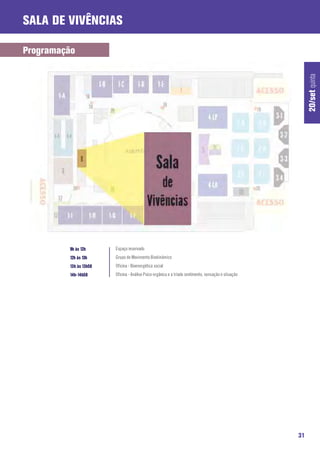 Sala de Vivências

Programação




                                                                                                           20/set quinta
         9h às 12h      Espaço reservado
         12h às 13h     Grupo de Movimento Biodinâmico
         13h às 13h50   Oficina - Bioenergética social
         14h-14h50      Oficina - Análise Psico-orgânica e a tríade sentimento, sensação e situação




                                                                                                      31
 