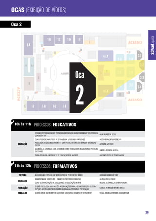 Ocas (Exibição de Vídeos)

Oca 2




                                                                                                                                       20/set quinta
 10h às 11h   processos: Educativos
              ESTÁGIO EM PSICOLOGIA NO PROGRAMA INTEGRAÇÃO AABB COMUNIDADE DE VITÓRIA DA
                                                                                         ALINE NUNES DE DEUS
              CONQUISTA- BA
              CONCEITOS PSICANALITICOS DE SEXUALIDADE UTILIZANDO FANTOCHES                  ALÉCIA BOAVENTURA DE JESUS
              PSICOLOGIA DO DESENVOLVIMENTO I - UMA PRÁTICA ATRAVÉS DO BRINCAR NA CRECHE-
   Educação   ESCOLA
                                                                                            ARYADNE AZEVEDO

              QUEM SÃO AS CRIANÇAS COM AUTISMO E COMO TRABALHAR A INCLUSÃO NAS PRÁTICAS
                                                                                            ANDREA ROSA DA SILVEIRA
              ESCOLARES
              TURMA DE VALOR - UM PROJETO DE EDUCAÇÃO POR VALORES                           ANTONIO CELSO REZENDE GARCIA




 11h às 12h   processos: Formativos
   Cultura    A LOUCURA NO ESPELHO: UM MODO OUTRO DE PERCEBER O MUNDO                       ADRIANA MANRIQUE TOMÉ
              BIODIVERSIDADE VIDEOCLIPE - ENSINO DO PROCESSO FORMATIVO                      ALZIRA (ZOCA) FREIRE
   Educação
              CURSO DE CAPACITAÇÃO DE EDUCADORES DA EDUCAÇÃO INFANTIL                       HELENA DE ORNELLAS SIVIERI PEREIRA
              O QUE É PSICOLOGIA PARA VOCÊ? - INTERVENÇÕES PARA A DESMISTIFICAÇÃO DE CON-
   Formação   CEPÇÕES ACERCA DA PSICOLOGIA NA GRADUAÇÃO: PESQUISA E PREVENÇÃO.
                                                                                            CARLOS HENRIQUE OFRANTI BRIOLI

   Trabalho   O DIA-A-DIA DE QUEM LIMPA A SUJEIRA DA SOCIEDADE: ORGULHO OU VERGONHA?        FLAVIA MICHELLE PEREIRA ALBUQUERQUE




                                                                                                                                  36
 