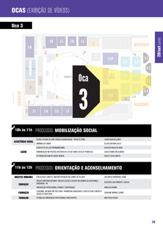 Ocas (Exibição de Vídeos)

Oca 3




                                                                                                                                         20/set quinta
 10h às 11h           processos: Mobilização Social
                      ATORES SOCIAIS DE UMA TRÁGICA DRAMATURGIA - PROJETO FÊNIX                     LUARA BAIA BELCHIOR
 Assistência Social
                      DINÂMICA DO AMOR                                                              ÉLLEN CRISTINA GALLO
                      CONTEXTOS DA LUTA ANTIMANICOMIAL.                                             GALILÉIA PAULA DA SILVA
       Saúde          HUMANIZAÇÃO NA PRÁTICA. HISTÓRIA DO GTH DA SANTA CASA DE PENÁPOLIS.           LUCAS BONDEZAN ALVARES
                      VI FÓRUM DOCTUM DE SAÚDE MENTAL                                               FARLEY COTA SANTOS




 11h às 12h           processos: Orientação e Aconselhamento
 Direitos Humanos     PSICOLOGIA E DIREITO: UMA INTERVENÇÃO NO CAMPO DA VELHICE                     EDELWEISS MARREIRA LAUNÉ
                      PROJETO INTERDISCIPLINAR DROGAS LÍCITAS E ILÍCITAS NO BAIRRO DA ESPERANÇA -
                                                                                                    AGLISON ELIAS PIMENTEL GARCIA
     Educação         SANTARÉM - PA
                      ORIENTAÇÃO PROFISSIONAL: ENSINO E CRIATIVIDADE                                ANGELICA BOMM
                      COACHING: UM NOVO MÉTODO PARA APRIMORAR HABILIDADES COM FOCO NA CONCRETI-
     Formação         ZAÇÃO DE OBJETIVOS
                                                                                                CAROLINE MENDES GOMES

     Trabalho         TÉCNICA DE ORIENTAÇÃO PROFISSIONAL PARA GRUPOS                                ANA PAULA ROQUE




                                                                                                                                    38
 