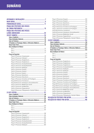 SUMÁRIO


Atividades e Instalações.................................................7                                                                                                   Praça G (Processos: Grupais)..................................................................................164
Mapa Geral........................................................................9                                                                                          Praça H (Processos: Grupais).................................................................................. 169
                                                                                                                                                                             Praça I (Processos: Educativos).............................................................................173
Programação Geral....................................................... 11                                                                                                  Praça J (Processos: Educativos)........................................................................... 177
Praça dos Pôsteres dos Países                                                                                                                                                Praça K (Processos: Formativos de Psicólogos).......................................181
de Língua Portuguesa . .................................................. 15                                                                                                 Praça L (Processos: Formativos de Psicólogos).......................................186
Praça dos Pôsteres dos Países                                                                                                                                                Praça M (Processos: Formativos)........................................................................190
Latino-Americanos .........................................................20                                                                                                Praça N (Processos: Orientação e Aconselhamento)............................ 195
                                                                                                                                                                             Praça O (Processos: Mobilização Social)........................................................200
20/set (quinta)................................................................ 24                                                                                           Praça P (Processos: Organizativos)...................................................................205
    Salas e Auditório........................................................................... 26
                                                                                                                                                                             Praça Q (Processos: Planejamento e Gestão Pública)........................209
    Palco Atividades Culturais............................................................. 29
    Sala de Vivências.......................................................................... 30                                                              22/set (sábado)............................................................. 214
    O Feminino na Psicologia: Muitas e Diferentes Mulheres................31                                                                                        Salas e Auditório.......................................................................... 216
    Tenda Paulo Freire......................................................................... 32                                                                  Palco Atividades Culturais........................................................... 220
    Ocas (Exibição de Vídeos)                                                                                                                                       Sala de Vivências.........................................................................221
        Oca 1..............................................................................................................................................33       O Feminino na Psicologia: Muitas e Diferentes Mulheres............. 222
        Oca 2..............................................................................................................................................35       Tenda Paulo Freire....................................................................... 223
        Oca 3..............................................................................................................................................37       Ocas (Exibição de Vídeos)
    Praça do Expositor                                                                                                                                                  Oca 1...........................................................................................................................................224
        Praça A (Processos: Comunicação).......................................................................39                                                       Oca 2...........................................................................................................................................227
        Praça A (Processos: Culturais)..................................................................................42                                              Oca 3...........................................................................................................................................230
        Praça B (Processos: Terapêuticos).........................................................................46                                                Praça do Expositor
        Praça C (Processos: Terapêuticos).........................................................................50                                                    Praça A (Processos: Terapêuticos)......................................................................233
        Praça D (Processos: Acompanhamento)............................................................54                                                               Praça B (Processos: Terapêuticos)......................................................................238
        Praça E (Processos: Acompanhamento)............................................................58                                                               Praça C (Processos: Terapêuticos)...................................................................... 242
        Praça F (Processos: Avaliação).................................................................................62                                               Praça D (Processos: Acompanhamento).........................................................246
        Praça G (Processos: Grupais).....................................................................................66                                             Praça E (Processos: Avaliação)..............................................................................250
        Praça H (Processos: Grupais).....................................................................................71                                             Praça F (Processos: Avaliação)..............................................................................254
        Praça I (Processos: Grupais).......................................................................................75                                           Praça G (Processos: Grupais)..................................................................................259
        Praça J (Processos: Educativos)..............................................................................79                                                 Praça H (Processos: Grupais)..................................................................................263
        Praça K (Processos: Educativos).............................................................................83                                                  Praça I (Processos: Educativos)............................................................................267
        Praça L (Processos: Formativos de Psicólogos)..........................................88                                                                       Praça J (Processos: Educativos)........................................................................... 271
        Praça M (Processos: Formativos)...........................................................................93                                                    Praça K (Processos: Formativos de Psicólogos)...................................... 275
        Praça N (Processos: Orientação e Aconselhamento)...............................97                                                                               Praça L (Processos: Formativos de Psicólogos).......................................280
        Praça O (Processos: Mobilização Social)........................................................ 102                                                             Praça M (Processos: Formativos de Psicólogos).....................................285
        Praça P (Processos: Acolhimento)........................................................................107                                                     Praça M (Processos: Orientação e Aconselhamento)...........................290
        Praça Q (Processos: Organizativos)....................................................................112	                                                      Praça N (Processos: Orientação e Aconselhamento)............................278
        Praça Q (Processos: Planejamento e Gestão Pública).........................114                                                                                  Praça O (Processos: Mobilização Social)........................................................295
                                                                                                                                                                        Praça P (Processos: Acolhimento).......................................................................300
21/set (sexta)................................................................. 117                                                                                     Praça Q (Processos: Organizativos)...................................................................305
    Salas e Auditório...........................................................................119
                                                                                                                                                                        Praça Q (Processos: Planejamento e Gestão Pública)........................307
    Palco Atividades Culturais............................................................ 124
    Sala de Vivências......................................................................... 125                                                              Relação de pôsteres por autor..................................310
    O Feminino na Psicologia: Muitas e Diferentes Mulheres..............126                                                                                     Relação de vídeos por autor.......................................416
    Tenda Paulo Freire........................................................................ 127
    Ocas (Exibição de Vídeos)
        Oca 1...........................................................................................................................................129
        Oca 2...........................................................................................................................................132
        Oca 3...........................................................................................................................................135
    Praça do Expositor
        Praça A (Processos: Comunicação)....................................................................138
        Praça A (Processos: Culturais)................................................................................141
        Praça B (Processos: Terapêuticos)......................................................................144
        Praça C (Processos: Terapêuticos)......................................................................148
        Praça D (Processos: Acompanhamento)......................................................... 152
        Praça E (Processos: Acompanhamento).........................................................156
        Praça F (Processos: Avaliação)..............................................................................160

                                                                                                                                                                                                                                                                                                                              7
 