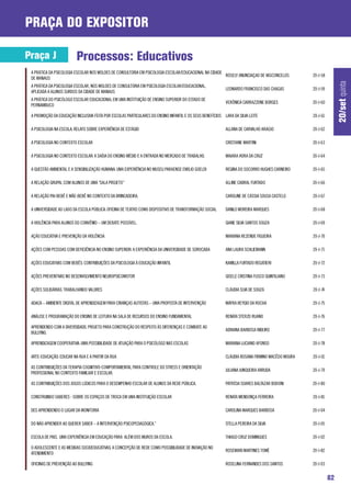 praça do expositor

Praça J                  Processos: Educativos
 A PRÁTICA DA PSICOLOGIA ESCOLAR NOS MOLDES DE CONSULTORIA EM PSICOLOGIA ESCOLAR/EDUCACIONAL NA CIDADE
                                                                                                       ROSELY ANUNCIAÇAO DE VASCONCELOS         20-J-58
 DE MANAUS




                                                                                                                                                               20/set quinta
 A PRÁTICA DA PSICOLOGIA ESCOLAR, NOS MOLDES DE CONSULTORIA EM PSICOLOGIA ESCOLAR/EDUCACIONAL,
                                                                                                          LEONARDO FRANCISCO DAS CHAGAS         20-J-59
 APLICADA A ALUNOS SURDOS DA CIDADE DE MANAUS
 A PRÁTICA DO PSICÓLOGO ESCOLAR EDUCACIONAL EM UMA INSTITUIÇÃO DE ENSINO SUPERIOR DO ESTADO DE
                                                                                                          VERÔNICA CARRAZZONE BORGES            20-J-60
 PERNAMBUCO

 A PROMOÇÃO DA EDUCAÇÃO INCLUSIVA FEITA POR ESCOLAS PARTICULARES DO ENSINO INFANTIL E OS SEUS BENEFÍCIOS LARA DA SILVA LEITE                    20-J-61

 A PSICOLOGIA NA ESCOLA: RELATO SOBRE EXPERIÊNCIA DE ESTÁGIO                                              ALLANA DE CARVALHO ARAÚJO             20-J-62

 A PSICOLOGIA NO CONTEXTO ESCOLAR                                                                         CRISTIANE MARTINI                     20-J-63

 A PSICOLOGIA NO CONTEXTO ESCOLAR: A SAÍDA DO ENSINO MÉDIO E A ENTRADA NO MERCADO DE TRABALHO.            MAIARA HORA DA CRUZ                   20-J-64

 A QUESTÃO AMBIENTAL E A SENSIBILIZAÇÃO HUMANA: UMA EXPERIÊNCIA NO MUSEU PARAENSE EMÍLIO GOELDI           REGINA DO SOCORRO HUGHES CARNEIRO     20-J-65

 A RELAÇÃO GRUPAL COM ALUNOS DE UMA “SALA PROJETO”                                                        ALLINE CABRAL FURTADO                 20-J-66

 A RELAÇÃO PAI-BEBÊ E MÃE-BEBÊ NO CONTEXTO DA BRINCADEIRA.                                                CAROLINE DE CÁSSIA SOUSA CASTELO      20-J-67

 A UNIVERSIDADE AO LADO DA ESCOLA PÚBLICA: OFICINA DE TEATRO COMO DISPOSITIVO DE TRANSFORMAÇÃO SOCIAL     DANILO MOREIRA MARQUES                20-J-68

 A VIOLÊNCIA PARA ALUNOS DO CONVÊNIO – UM DEBATE POSSÍVEL.                                                GIANE SILVA SANTOS SOUZA              20-J-69

 AÇÃO EDUCATIVA E PREVENÇÃO DA VIOLÊNCIA                                                                  MARIANA REZENDE FIGUEIRA              20-J-70

 AÇÕES COM PESSOAS COM DEFICIÊNCIA NO ENSINO SUPERIOR: A EXPERIÊNCIA DA UNIVERSIDADE DE SOROCABA          ANA LAURA SCHLIEMANN                  20-J-71

 AÇÕES EDUCATIVAS COM BEBÊS: CONTRIBUIÇÕES DA PSICOLOGIA À EDUCAÇÃO INFANTIL                              KAMILLA FURTADO REGATIERI             20-J-72

 AÇÕES PREVENTIVAS NO DESENVOLVIMENTO NEUROPSICOMOTOR                                                     GISELE CRISTINA FUSCO QUINTILIANO     20-J-73

 AÇÕES SOLIDÁRIAS: TRABALHANDO VALORES                                                                    CLÁUDIA SLVA DE SOUZA                 20-J-74

 ADACA – AMBIENTE DIGITAL DE APRENDIZAGEM PARA CRIANÇAS AUTISTAS – UMA PROPOSTA DE INTERVENÇÃO            MAYRA REYGIO DA ROCHA                 20-J-75

 ANÁLISE E PROGRAMAÇÃO DO ENSINO DE LEITURA NA SALA DE RECURSOS DO ENSINO FUNDAMENTAL                     RENATA STERZO RUANO                   20-J-76

 APRENDENDO COM A DIVERSIDADE: PROJETO PARA CONSTRUÇÃO DO RESPEITO ÀS DIFERENÇAS E COMBATE AO
                                                                                                          ADRIANA BARBOSA RIBEIRO               20-J-77
 BULLYING

 APRENDIZAGEM COOPERATIVA: UMA POSSIBILIDADE DE ATUAÇÃO PARA O PSICÓLOGO NAS ESCOLAS                      MARIANA LUCIANO AFONSO                20-J-78

 ARTE-EDUCAÇÃO: EDUCAR NA RUA E A PARTIR DA RUA                                                           CLÁUDIA ROSANA FIRMINO MACÊDO MOURA   20-J-01

 AS CONTRIBUIÇÕES DA TERAPIA COGNITIVO-COMPORTAMENTAL PARA CONTROLE DO STRESS E ORIENTAÇÃO
                                                                                                          JULIANA JUNQUEIRA ARRUDA              20-J-79
 PROFISSIONAL NO CONTEXTO FAMILIAR E ESCOLAR.

 AS CONTRIBUIÇÕES DOS JOGOS LÚDICOS PARA O DESEMPENHO ESCOLAR DE ALUNOS DA REDE PÚBLICA.                  PATRÍCIA SOARES BALTAZAR BODONI       20-J-80

 CONSTRUINDO SABERES - SOBRE OS ESPAÇOS DE TROCA EM UMA INSTITUIÇÃO ESCOLAR                               RENATA MENDONÇA FERREIRA              20-J-81

 DES APRENDENDO O LUGAR DA MONITORIA                                                                      CAROLINA MARQUES BARBOSA              20-J-04

 DO NÃO APRENDER AO QUERER SABER – A INTERVENÇÃO PSICOPEDAGÓGICA.”                                        STELLA PEREIRA DA SILVA               20-J-05

 ESCOLA DE PAIS. UMA EXPERIÊNCIA EM EDUCAÇÃO PARA ALÉM DOS MUROS DA ESCOLA.                               THIAGO CRUZ DOMINGUES                 20-J-02

 O ADOLESCENTE E AS MEDIDAS SOCIOEDUCATIVAS: A CONCEPÇÃO DE REDE COMO POSSIBILIDADE DE INOVAÇÃO NO
                                                                                                          ROSEMARI MARTINES TOMÉ                20-J-82
 ATENDIMENTO

 OFICINAS DE PREVENÇÃO AO BULLYING                                                                        ROSELINA FERNANDES DOS SANTOS         20-J-03


                                                                                                                                                          82
 