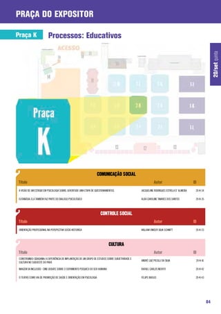 praça do expositor

Praça K                   Processos: Educativos




                                                                                                                                                             20/set quinta
 A VISÃO DE UM ESTAGIO EM PSICOLOGIA SOBRE: JUVENTUDE UMA ETAPA DE QUESTIONAMENTOS.                 JACQUELINE RODRIGUES ESTRELA D’ ALMEIDA   20-K-34

 EUTANÁSIA: ELA TAMBÉM FAZ PARTE DO DIALOGO PSICOLÓGICO                                             ALBA CAROLINE TAVARES DOS SANTOS          20-K-35




 ORIENTAÇÃO PROFISSIONAL NA PERSPECTIVA SOCIO HISTORICA                                             WILLIAM ONISER SILVA SCHMITT              20-K-33




 CONSTRUINDO CIDADANIA: A EXPERIÊNCIA DE IMPLANTAÇÃO DE UM GRUPO DE ESTUDOS SOBRE SUBJETIVIDADE E
                                                                                                    ANDRÉ LUIZ PICOLLI DA SILVA               20-K-41
 CULTURA NO SUDOESTE DO PARÁ

 IMAGEM DA INCLUSÃO - CINE-DEBATE SOBRE O SOFRIMENTO PSÍQUICO DO SER HUMANO                         RAFAEL CARLOS NEOFITI                     20-K-42

 O TEATRO COMO VIA DE PROMOÇÃO DE SAÚDE E ORIENTAÇÃO EM PSICOLOGIA                                  FELIPE BIASUS                             20-K-43




                                                                                                                                                        84
 