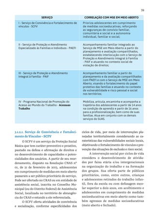 39
3.1.2.1. Serviço de Convivência e Fortaleci-
mento de Vínculos – SCFV
O SCFV é um serviço da Proteção Social
Básica que tem caráter preventivo e proativo,
pautado na defesa e afirmação de direitos e
no desenvolvimento de capacidades e poten-
cialidades dos usuários. A partir de seu reor-
denamento, disposto na Resolução CNAS nº
01, de 21 de fevereiro de 2013, adolescentes
em cumprimento de medidas em meio aberto
passaram a ser público prioritário do serviço.
Pode ser ofertado no CRAS ou em entidade de
assistência social, inscrita no Conselho Mu-
nicipal (ou do Distrito Federal) de Assistência
Social, localizada no território de abrangên-
cia do CRAS e estando a ele referenciada.
O SCFV oferta atividades de convivência
e socialização, conforme especificidades dos
ciclos de vida, por meio de intervenções pla-
nejadas territorialmente considerando as ca-
raterísticas das vulnerabilidades sociais locais,
objetivando o fortalecimento de vínculos e pre-
venção das situações de exclusão e risco social.
A intervenção social por ciclos de vida
considera o desenvolvimento de ativida-
des por faixa etária e/ou intergeracionais
na organização do trabalho e na formação
dos grupos. Sua oferta parte de públicos
prioritários, como, entre outros, crianças
e adolescentes retirados do trabalho infan-
til, fora da escola ou com defasagem esco-
lar superior a dois anos, em acolhimento e
adolescentes em cumprimento de medidas
socioeducativas em meio aberto como tam-
bém egressos de medidas socioeducativas
(meio aberto e fechado).
SERVIÇO CORRELAÇÃO COM MSE EM MEIO ABERTO
I - Serviço de Convivência e Fortalecimento de
vínculos - SCFV
Prioriza adolescentes em cumprimento
de medidas socioeducativas, reforçando
as seguranças de convívio familiar,
comunitária e social e a autonomia
individual, familiar e social;
II - Serviço de Proteção e Atendimento
Especializado às Famílias e Indivíduos - PAEFI
Acompanhamento familiar integrado ao
Serviço de MSE em Meio Aberto a partir do
planejamento e avaliação compartilhados,
estabelecendo interlocução com o Serviço de
Proteção e Atendimento Integral à Família
- PAIF e atuando no contexto social de
violação de direitos;
III - Serviço de Proteção e Atendimento
Integral à Família - PAIF
Acompanhamento familiar a partir do
planejamento e da avaliação compartilhados
com PAEFI e com o Serviço de MSE em Meio
Aberto, visando o fortalecimento do papel
protetivo das famílias e atuando no contexto
de vulnerabilidade e risco pessoal e social
nos territórios;
IV - Programa Nacional de Promoção do
Acesso ao Mundo do Trabalho - Acessuas
Trabalho
Mobiliza, articula, encaminha e acompanha a
trajetória dos adolescentes a partir de 14 anos
na condição de aprendiz e partir de 16 anos
para a profissionalização, bem como de suas
famílias. Atua em conjunto com os demais
serviços do SUAS.
 