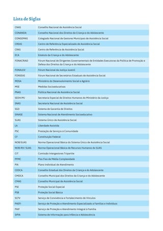 CNAS Conselho Nacional de Assistência Social
CONANDA Conselho Nacional dos Direitos da Criança e do Adolescente
CONGEMAS Colegiado Nacional de Gestores Municipais de Assistência Social
CREAS Centro de Referência Especializado de Assistência Social
CRAS Centro de Referência de Assistência Social
ECA Estatuto da Criança e do Adolescente
FONACRIAD Fórum Nacional de Dirigentes Governamentais de Entidades Executoras da Política de Promoção e
Defesa dos Direitos da Criança e do Adolescente
FONAJUV Fórum Nacional da Justiça Juvenil
FONSEAS Fórum Nacional de Secretários Estaduais de Assistência Social
MDSA Ministério do Desenvolvimento Social e Agrário
MSE Medidas Socioeducativas
PNAS Política Nacional de Assistência Social
SEDH/MJ Secretaria Especial de Direitos Humanos do Ministério da Justiça
SNAS Secretaria Nacional de Assistência Social
SGD Sistema de Garantia de Direitos
SINASE Sistema Nacional de Atendimento Socioeducativo
SUAS Sistema Único de Assistência Social
LA Liberdade Assistida
PSC Prestação de Serviços à Comunidade
CF Constituição Federal
NOB/SUAS Norma Operacional Básica do Sistema Único de Assistência Social
NOB-RH/ SUAS Norma Operacional Básica de Recursos Humanos do SUAS
CIT Comissão Intergestores Tripartite
PFMC Piso Fixo de Média Complexidade
PIA Plano Individual de Atendimento
CEDCA Conselho Estadual dos Direitos da Criança e do Adolescente
CMDCA Conselho Municipal dos Direitos da Criança e do Adolescente
CMAS Conselho Municipal de Assistência Social
PSE Proteção Social Especial
PSB Proteção Social Básica
SCFV Serviço de Convivência e Fortalecimento de Vínculos
PAEFI Serviço de Proteção e Atendimento Especializado a Famílias e Indivíduos
PAIF Serviço de Proteção e Atendimento Integral à Família
SIPIA Sistema de Informação para Infância e Adolescência
Lista de Siglas
 