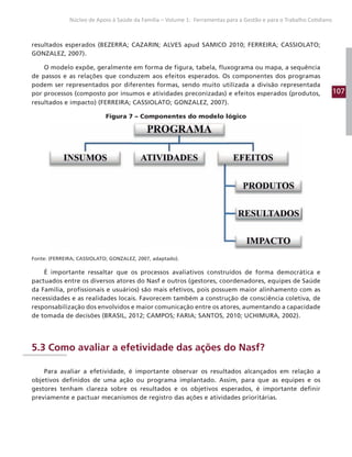 107
Núcleo de Apoio à Saúde da Família – Volume 1: Ferramentas para a Gestão e para o Trabalho Cotidiano
resultados esperados (BEZERRA; CAZARIN; ALVES apud SAMICO 2010; FERREIRA; CASSIOLATO;
GONZALEZ, 2007).
O modelo expõe, geralmente em forma de figura, tabela, fluxograma ou mapa, a sequência
de passos e as relações que conduzem aos efeitos esperados. Os componentes dos programas
podem ser representados por diferentes formas, sendo muito utilizada a divisão representada
por processos (composto por insumos e atividades preconizadas) e efeitos esperados (produtos,
resultados e impacto) (FERREIRA; CASSIOLATO; GONZALEZ, 2007).
Figura 7 – Componentes do modelo lógico
Fonte: (FERREIRA; CASSIOLATO; GONZALEZ, 2007, adaptado).
É importante ressaltar que os processos avaliativos construídos de forma democrática e
pactuados entre os diversos atores do Nasf e outros (gestores, coordenadores, equipes de Saúde
da Família, profissionais e usuários) são mais efetivos, pois possuem maior alinhamento com as
necessidades e as realidades locais. Favorecem também a construção de consciência coletiva, de
responsabilização dos envolvidos e maior comunicação entre os atores, aumentando a capacidade
de tomada de decisões (BRASIL, 2012; CAMPOS; FARIA; SANTOS, 2010; UCHIMURA, 2002).
5.3 Como avaliar a efetividade das ações do Nasf?
Para avaliar a efetividade, é importante observar os resultados alcançados em relação a
objetivos definidos de uma ação ou programa implantado. Assim, para que as equipes e os
gestores tenham clareza sobre os resultados e os objetivos esperados, é importante definir
previamente e pactuar mecanismos de registro das ações e atividades prioritárias.
 