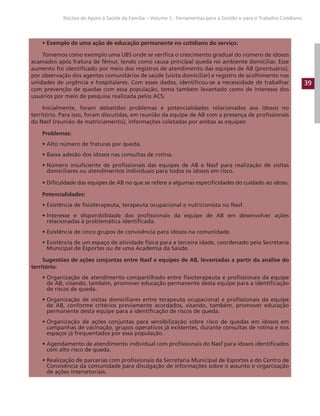 39
Núcleo de Apoio à Saúde da Família – Volume 1: Ferramentas para a Gestão e para o Trabalho Cotidiano
• Exemplo de uma ação de educação permanente no cotidiano do serviço:
Tomemos como exemplo uma UBS onde se verifica o crescimento gradual do número de idosos
acamados após fratura de fêmur, tendo como causa principal queda no ambiente domiciliar. Esse
aumento foi identificado por meio dos registros de atendimento das equipes de AB (prontuário),
por observação dos agentes comunitários de saúde (visita domiciliar) e registro de acolhimento nas
unidades de urgência e hospitalares. Com esses dados, identificou-se a necessidade de trabalhar
com prevenção de quedas com essa população, tema também levantado como de interesse dos
usuários por meio de pesquisa realizada pelos ACS.
Inicialmente, foram debatidos problemas e potencialidades relacionados aos idosos no
território. Para isso, foram discutidas, em reunião da equipe de AB com a presença de profissionais
do Nasf (reunião de matriciamento), informações coletadas por ambas as equipes:
Problemas:
• Alto número de fraturas por queda.
• Baixa adesão dos idosos nas consultas de rotina.
• Número insuficiente de profissionais das equipes de AB e Nasf para realização de visitas
domiciliares ou atendimentos individuais para todos os idosos em risco.
• Dificuldade das equipes de AB no que se refere a algumas especificidades do cuidado ao idoso.
Potencialidades:
• Existência de fisioterapeuta, terapeuta ocupacional e nutricionista no Nasf.
• Interesse e disponibilidade dos profissionais da equipe de AB em desenvolver ações
relacionadas à problemática identificada.
• Existência de cinco grupos de convivência para idosos na comunidade.
• Existência de um espaço de atividade física para a terceira idade, coordenado pela Secretaria
Municipal de Esportes ou de uma Academia da Saúde.
Sugestões de ações conjuntas entre Nasf e equipes de AB, levantadas a partir da análise do
território:
• Organização de atendimento compartilhado entre fisioterapeuta e profissionais da equipe
de AB, visando, também, promover educação permanente desta equipe para a identificação
de riscos de queda.
• Organização de visitas domiciliares entre terapeuta ocupacional e profissionais da equipe
de AB, conforme critérios previamente acordados, visando, também, promover educação
permanente desta equipe para a identificação de riscos de queda.
• Organização de ações conjuntas para sensibilização sobre risco de quedas em idosos em
campanhas de vacinação, grupos operativos já existentes, durante consultas de rotina e nos
espaços já frequentados por essa população.
• Agendamento de atendimento individual com profissionais do Nasf para idosos identificados
com alto risco de queda.
• Realização de parcerias com profissionais da Secretaria Municipal de Esportes e do Centro de
Convivência da comunidade para divulgação de informações sobre o assunto e organização
de ações intersetoriais.
 