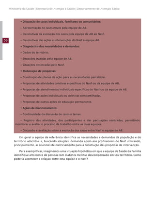 56
Ministério da Saúde | Secretaria de Atenção à Saúde | Departamento de Atenção Básica
• Discussão de casos individuais, familiares ou comunitários:
– Apresentação de casos novos pela equipe de AB.
– Devolutivas da evolução dos casos pela equipe de AB ao Nasf.
– Devolutivas das ações e intervenções do Nasf à equipe AB.
• Diagnóstico das necessidades e demandas:
– Dados do território.
– Situações trazidas pela equipe de AB.
– Situações observadas pelo Nasf.
• Elaboração de propostas:
– Construção de planos de ação para as necessidades percebidas.
– Propostas de atividades coletivas específicas do Nasf ou da equipe de AB.
– Propostas de atendimentos individuais específicos do Nasf ou da equipe de AB.
– Propostas de ações individuais ou coletivas compartilhadas.
– Propostas de outras ações de educação permanente.
• Ações de monitoramento:
– Continuidade da discussão de casos e temas.
– Registro das atividades, dos participantes e das pactuações realizadas, permitindo
monitorar e avaliar o processo de trabalho entre as duas equipes.
– Discussão e avaliação sobre a evolução dos casos entre Nasf e equipe de AB.
Em geral a equipe de referência identifica as necessidades e demandas da população e do
território adscritos, e, buscando soluções, demanda apoio aos profissionais do Nasf utilizando,
principalmente, as reuniões de matriciamento para a construção das propostas de intervenção.
Para exemplificar, imaginemos uma situação hipotética em que a equipe de Saúde da Família
identifique alto índice de pessoas com diabetes mellitus descompensado em seu território. Como
poderia acontecer a relação entre esta equipe e o Nasf?
 