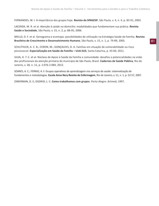 81
Núcleo de Apoio à Saúde da Família – Volume 1: Ferramentas para a Gestão e para o Trabalho Cotidiano
FERNANDES, W. J. A importância dos grupos hoje. Revista da SPAGESP, São Paulo, v. 4, n. 4, p. 83-91, 2003.
LACERDA, M. R. et al. Atenção à saúde no domicílio: modalidades que fundamentam sua prática. Revista
Saúde e Sociedade, São Paulo, v. 15, n. 2, p. 88-95, 2006.
MELLO, D. F. et al. Genograma e ecomapa: possibilidades de utilização na Estratégia Saúde da Família. Revista
Brasileira de Crescimento e Desenvolvimento Humano, São Paulo, v. 15, n. 1, p. 79-89, 2005.
SCHLITHLER, A. C. B.; CERON, M.; GONÇALVES, D. A. Famílias em situação de vulnerabilidade ou risco
psicossocial. Especialização em Saúde da Família – UnA-SUS, Santa Catarina, p. 43-69, 2011.
SILVA, A. T. C. et al. Núcleos de Apoio à Saúde da Família e comunidade: desafios e potencialidades na visão
dos profissionais da atenção primária do município de São Paulo, Brasil. Cadernos de Saúde Pública, Rio de
Janeiro, v. 28, n. 11, p. 2.076-2.084, 2012.
SOARES, A. C.; FERRAZ, A. F. Grupos operativos de aprendizagem nos serviços de saúde: sistematização de
fundamentos e metodologias. Escola Anna Nery Revista de Enfermagem, Rio de Janeiro, v. 11, n. 1, p. 52-57, 2007.
ZIMERMAN, D. E; OSORIO, L. C. Como trabalhamos com grupos. Porto Alegre: Artmed, 1997.
 