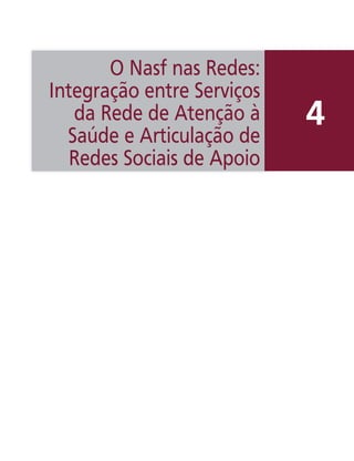 4
O Nasf nas Redes:
Integração entre Serviços
da Rede de Atenção à
Saúde e Articulação de
Redes Sociais de Apoio
 