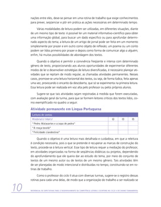 nações entre eles, deve-se pensar em uma rotina de trabalho que exige conhecimentos
     para prever, seqüenciar e pôr em prática as ações necessárias em determinado tempo.

          Várias modalidades de leitura podem ser utilizadas, em diferentes situações, diante
     de um mesmo tipo de texto: é possível ler um material informativo-científico para obter
     uma informação global, para buscar um dado específico ou para aprofundar determi-
     nado aspecto do tema; a leitura de um artigo de jornal pode ser feita em um momento
     simplesmente por prazer e em outro como objeto de reflexão; um poema ou um conto
     podem ser lidos primeiro por prazer e depois como forma de comunicar algo a alguém;
     enfim, há muitas possibilidades de abordagem dos textos.

          Quando o objetivo é permitir a convivência freqüente e intensa com determinado
     gênero de texto, proporcionando aos alunos oportunidades de experimentar diferentes
     modos de ler e desenvolver estratégias de leitura diversificadas, é necessário planejar ati-
     vidades que se repitam de modo regular, as chamadas atividades permanentes. Nesses
     casos, promove-se uma leitura horizontal dos textos, ou seja, de forma lúdica, feita apenas
     uma vez, provocando o encanto da descoberta, que só se experimenta na primeira leitura.
     Essa leitura pode ser realizada em voz alta pelo professor ou pelos próprios alunos.

         Sugere-se que tais atividades sejam registradas à medida que forem executadas,
     com avaliação geral da turma, para que se formem leitores críticos dos textos lidos, co-
     mo exemplificado no quadro a seguir.

     Atividade permanente em Língua Portuguesa
      Leitura de contos
      História(s) lida(s)                                                                      J          K          L
      “Pedro Malasartes e a sopa de pedra”
      “A moça tecelã”
      “Felicidade clandestina”

          Quando o objetivo é uma leitura mais detalhada e cuidadosa, em que a releitura
     é condição necessária, pois o que se pretende é recuperar as marcas de construção do
     texto, procede-se à leitura vertical. Esse tipo de leitura requer a mediação do professor,
     em atividades organizadas na forma de seqüências didáticas ou projetos, dependendo
     do aprofundamento que ele queira dar ao estudo do tema, por meio do conjunto de
     textos de um mesmo autor ou de textos de um mesmo gênero. Tais atividades têm
     de ser planejadas de modo intencional e distribuídas no tempo, constituindo-se em ro-
     tinas de trabalho.

          Como o professor do ciclo II atua com diversas turmas, sugere-se o registro dessas
     rotinas para cada uma delas, de modo que a organização do trabalho a ser realizado se


10   Referencial de Expectativas para o Desenvolvimento da Competência Leitora e Escritora no Ciclo II do Ensino Fundamental
 