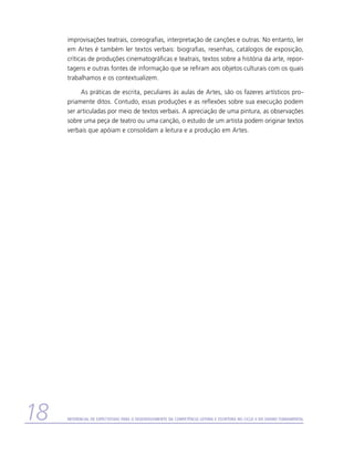 improvisações teatrais, coreografias, interpretação de canções e outras. No entanto, ler
     em Artes é também ler textos verbais: biografias, resenhas, catálogos de exposição,
     críticas de produções cinematográficas e teatrais, textos sobre a história da arte, repor-
     tagens e outras fontes de informação que se refiram aos objetos culturais com os quais
     trabalhamos e os contextualizem.

          As práticas de escrita, peculiares às aulas de Artes, são os fazeres artísticos pro-
     priamente ditos. Contudo, essas produções e as reflexões sobre sua execução podem
     ser articuladas por meio de textos verbais. A apreciação de uma pintura, as observações
     sobre uma peça de teatro ou uma canção, o estudo de um artista podem originar textos
     verbais que apóiam e consolidam a leitura e a produção em Artes.




18   Referencial de Expectativas para o Desenvolvimento da Competência Leitora e Escritora no Ciclo II do Ensino Fundamental
 