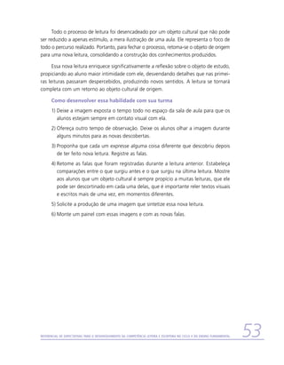 Todo o processo de leitura foi desencadeado por um objeto cultural que não pode
ser reduzido a apenas estímulo, a mera ilustração de uma aula. Ele representa o foco de
todo o percurso realizado. Portanto, para fechar o processo, retoma-se o objeto de origem
para uma nova leitura, consolidando a construção dos conhecimentos produzidos.

      Essa nova leitura enriquece significativamente a reflexão sobre o objeto de estudo,
propiciando ao aluno maior intimidade com ele, desvendando detalhes que nas primei-
ras leituras passaram despercebidos, produzindo novos sentidos. A leitura se tornará
completa com um retorno ao objeto cultural de origem.

      Como desenvolver essa habilidade com sua turma
      1)	Deixe a imagem exposta o tempo todo no espaço da sala de aula para que os
         alunos estejam sempre em contato visual com ela.
      2)	Ofereça outro tempo de observação. Deixe os alunos olhar a imagem durante
         alguns minutos para as novas descobertas.
      3)	Proponha que cada um expresse alguma coisa diferente que descobriu depois
         de ter feito nova leitura. Registre as falas.
      4)	Retome as falas que foram registradas durante a leitura anterior. Estabeleça
         comparações entre o que surgiu antes e o que surgiu na última leitura. Mostre
         aos alunos que um objeto cultural é sempre propício a muitas leituras, que ele
         pode ser descortinado em cada uma delas, que é importante reler textos visuais
         e escritos mais de uma vez, em momentos diferentes.
      5)	Solicite a produção de uma imagem que sintetize essa nova leitura.
      6)	Monte um painel com essas imagens e com as novas falas.




Referencial de Expectativas para o Desenvolvimento da Competência Leitora e Escritora no Ciclo II do Ensino Fundamental   53
 