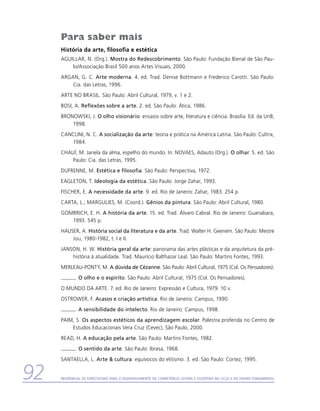 Para saber mais
     História da arte, filosofia e estética
     AGUILLAR, N. (Org.). Mostra do Redescobrimento. São Paulo: Fundação Bienal de São Pau-
         lo/Associação Brasil 500 anos Artes Visuais, 2000.
     ARGAN, G. C. Arte moderna. 4. ed. Trad. Denise Bottmann e Frederico Carotti. São Paulo:
         Cia. das Letras, 1996.
     ARTE NO BRASIL. São Paulo: Abril Cultural, 1979, v. 1 e 2.
     BOSI, A. Reflexões sobre a arte. 2. ed. São Paulo: Ática, 1986.
     BRONOWSKI, J. O olho visionário: ensaios sobre arte, literatura e ciência. Brasília: Ed. da UnB,
         1998.
     CANCLINI, N. C. A socialização da arte: teoria e prática na América Latina. São Paulo: ­Cultrix,
        1984.
     CHAUÍ, M. Janela da alma, espelho do mundo. In: NOVAES, Adauto (Org.). O olhar. 5. ed. São
         Paulo: Cia. das Letras, 1995.
     DUFRENNE, M. Estética e filosofia. São Paulo: Perspectiva, 1972.
     EAGLETON, T. Ideologia da estética. São Paulo: Jorge Zahar, 1993.
     FISCHER, E. A necessidade da arte. 9. ed. Rio de Janeiro: Zahar, 1983. 254 p.
     CARTA, L.; MARGULIES, M. (Coord.). Gênios da pintura. São Paulo: Abril Cultural, 1980.
     GOMBRICH, E. H. A história da arte. 15. ed. Trad. Álvaro Cabral. Rio de Janeiro: Guanabara,
        1993. 545 p.
     HAUSER, A. História social da literatura e da arte. Trad. Walter H. Geenem. São Paulo: ­Mestre
         Jou, 1980-1982, t. I e II.
     JANSON, H. W. História geral da arte: panorama das artes plásticas e da arquitetura da pré-
         história à atualidade. Trad. Maurício Balthazar Leal. São Paulo: Martins Fontes, 1993.
     MERLEAU-PONTY, M. A dúvida de Cézanne. São Paulo: Abril Cultural, 1975 (Col. Os Pensadores).
             . O olho e o espírito. São Paulo: Abril Cultural, 1975 (Col. Os Pensadores).
     O MUNDO DA ARTE. 7. ed. Rio de Janeiro: Expressão e Cultura, 1979. 10 v.
     OSTROWER, F. Acasos e criação artística. Rio de Janeiro: Campus, 1990.
             . A sensibilidade do intelecto. Rio de Janeiro: Campus, 1998.
     PAIM, S. Os aspectos estéticos da aprendizagem escolar. Palestra proferida no Centro de
         Estudos Educacionais Vera Cruz (Cevec), São Paulo, 2000.
     READ, H. A educação pela arte. São Paulo: Martins Fontes, 1982.
             . O sentido da arte. São Paulo: Ibrasa, 1968.
     SANTAELLA, L. Arte  cultura: equívocos do elitismo. 3. ed. São Paulo: Cortez, 1995.


92   Referencial de Expectativas para o Desenvolvimento da Competência Leitora e Escritora no Ciclo II do Ensino Fundamental
 
