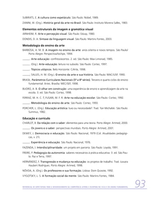 SUBIRATS, E. A cultura como espetáculo. São Paulo: Nobel, 1989.
ZANINI, W. (Org.). História geral da arte no Brasil. São Paulo: Instituto Moreira Salles, 1983.

Elementos estruturais da imagem e gramática visual
ARNHEIM, R. Arte e percepção visual. São Paulo: Edusp, 1980.
DONDIS, D. A. Sintaxe da linguagem visual. São Paulo: Martins Fontes, 2003.

Metodologia do ensino da arte
BARBOSA, A. M. B. A imagem no ensino da arte: anos oitenta e novos tempos. São Paulo/
    Porto Alegre: Perspectiva/Iochpe, 1994.
        . Arte-educação: conflitos/acertos. 2. ed. São Paulo: Max Limonad, 1985.
        . (Org.). Arte-educação: leitura no subsolo. São Paulo: Cortez, 1997.
        . Tópicos utópicos. Belo Horizonte: C/Arte, 1998.
        ; SALLES, H. M. (Org.). O ensino da arte e sua história. São Paulo: MAC/USP, 1990.
BRASIL. Parâmetros Curriculares Nacionais (5ª a 8ª séries). Terceiro e quarto ciclos do ensino
    fundamental: Artes. Brasília: MEC/SEF, 1998.
BUORO, A. B. O olhar em construção: uma experiência de ensino e aprendizagem da arte na
    escola. 3. ed. São Paulo: Cortez, 1998.
FERRAZ, M. H. C. T; FUSARI, M. F. R. Arte na educação escolar. São Paulo: Cortez, 1992.
        . Metodologia do ensino de arte. São Paulo: Cortez, 1993.
PORCHER, L. (Org.). Educação artística: luxo ou necessidade?. Trad. Yan Michalski. São Paulo:
    Summus, 1982.

Educação e currículo
CHARLOT, B. Da relação com o saber: elementos para uma teoria. Porto Alegre: Artmed, 2000.
        . Os jovens e o saber: perspectivas mundiais. Porto Alegre: Artmed, 2001.
DEWEY, J. Democracia e educação. São Paulo: Nacional, 1979 (Col. Atualidades pedagógi-
   cas, v. 21).
        . Experiência e educação. São Paulo: Nacional, 1976.
FAZENDA, I. Interdisciplinaridade: um projeto em parceria. São Paulo: Loyola, 1991.
FREIRE, P. Pedagogia da autonomia: saberes necessários à prática educativa. 3. ed. São Pau-
     lo: Paz e Terra, 1997.
HERNÁNDEZ, F. Transgressão e mudança na educação: os projetos de trabalho. Trad. Jussara
    Haubert Rodrigues. Porto Alegre: Artmed, 1998.
NÓVOA, A. (Org.). Os professores e sua formação. Lisboa: Dom Quixote, 1992.
VYGOTSKY, L. S. A formação social da mente. São Paulo: Martins Fontes, 1984.



Referencial de Expectativas para o Desenvolvimento da Competência Leitora e Escritora no Ciclo II do Ensino Fundamental   93
 