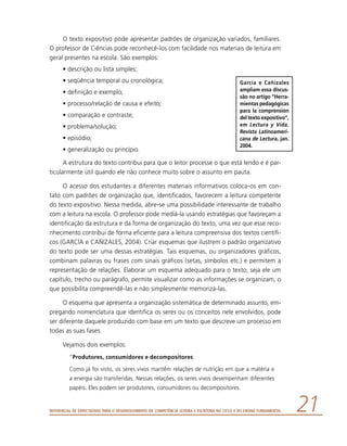 Referencial de Expectativas para o Desenvolvimento da Competência Leitora e Escritora no Ciclo II do Ensino Fundamental 21
O texto expositivo pode apresentar padrões de organização variados, familiares.
O professor de Ciências pode reconhecê-los com facilidade nos materiais de leitura em
geral presentes na escola. São exemplos:
•	descrição ou lista simples;
•	seqüência temporal ou cronológica;
•	definição e exemplo;
•	processo/relação de causa e efeito;
•	comparação e contraste;
•	problema/solução;
•	episódio;
•	generalização ou princípio.
A estrutura do texto contribui para que o leitor processe o que está lendo e é par-
ticularmente útil quando ele não conhece muito sobre o assunto em pauta.
O acesso dos estudantes a diferentes materiais informativos coloca-os em con-
tato com padrões de organização que, identificados, favorecem a leitura competente
do texto expositivo. Nessa medida, abre-se uma possibilidade interessante de trabalho
com a leitura na escola. O professor pode mediá-la usando estratégias que favoreçam a
identificação da estrutura e da forma de organização do texto, uma vez que esse reco-
nhecimento contribui de forma eficiente para a leitura compreensiva dos textos científi-
cos (GARCÍA e CAÑIZALES, 2004). Criar esquemas que ilustrem o padrão organizativo
do texto pode ser uma dessas estratégias. Tais esquemas, ou organizadores gráficos,
combinam palavras ou frases com sinais gráficos (setas, símbolos etc.) e permitem a
representação de relações. Elaborar um esquema adequado para o texto, seja ele um
capítulo, trecho ou parágrafo, permite visualizar como as informações se organizam, o
que possibilita compreendê-las e não simplesmente memorizá-las.
O esquema que apresenta a organização sistemática de determinado assunto, em-
pregando nomenclatura que identifica os seres ou os conceitos nele envolvidos, pode
ser diferente daquele produzido com base em um texto que descreve um processo em
todas as suas fases.
Vejamos dois exemplos:
“Produtores, consumidores e decompositores
Como já foi visto, os seres vivos mantêm relações de nutrição em que a matéria e
a energia são transferidas. Nessas relações, os seres vivos desempenham diferentes
papéis. Eles podem ser produtores, consumidores ou decompositores.
García e Cañizales
ampliam essa discus-
são no artigo “Herra-
mientas pedagógicas
para la comprensión
del texto expositivo”,
em Lectura y Vida.
Revista Latinoameri-
cana de Lectura, jan.
2004.
 