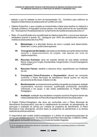 29
CADERNO DE ORIENTAÇÕES TÉCNICAS E METODOLÓGICAS DE MEDIDAS SOCIOEDUCATIVAS (MSE)
DE LIBERDADE ASSISTIDA (LA) E PRESTAÇÃO DE SERVIÇO À COMUNIDADE (PSC)
estatuto e que foi relatada no item da Apresentação. Ex.: “Contribuir para melhorar as
relações intrafamiliares do adolescente em conflito com a lei”.
 Objetivo Específico: o que o projeto se comprometeu a fazer para resolver ou melhorar a
situação problema. A linguagem precisa passar uma ideia possível de ser quantificada.
Ex.: “Acompanhar 30 adolescentes em cumprimento da medida socioeducativa de LA”.
 Meta – É a quantificação e/ou a qualificação do objetivo específico, o que se quer alcançar,
estabelece quando e quanto. Ex.: “Assegurar que 100% dos adolescentes concluam a
medida socioeducativa de LAou PSC”.
VI. Metodologia: é a descrição técnica de como o projeto será desenvolvido.
Neste item, o como, pode e deve aparecer.
VII. Cronograma deAtividades: são todas as atividades que serão desenvolvidas
durante o desenvolvimento do projeto, não apenas em cima do
objetivo específico.
VIII. Recursos Humanos: deve ser exposto através de uma tabela contendo
Nome, Cargo e/ou Função, Escolaridade, Carga Horária, Vínculo Empregatício
46
eAtribuições.
IX. Recursos Físicos: detalhar a estrutura física, especificando sua finalidade
de uso.
X. Cronograma Físico-Financeiro e Orçamentário: deverá ser composto
conforme o Plano Municipal de Assistência Social quanto ao recurso
proveniente do Município, Estado e União.
XI. Monitoramento: acompanhamento periódico da gestão do programa; dotação
orçamentária; recursos humanos; qualificação profissional; atividades
individuais e em grupo, e das metas estabelecidas no Projeto Politico-
Pedagógico.
XII. Avaliação: avaliação dos resultados e impacto social do Programa diante das
metas estabelecidas no Plano Municipal deAtendimento Socioeducativo.
O Projeto Político-Pedagógico não deve ser confundido com o Plano Municipal de
Atendimento Socioeducativo, pois ele é o detalhamento da previsão, do planejamento, da
execução e avaliação do serviço por unidade de programa de atendimento. O Plano
Municipal é mais abrangente, envolve todos os programas de atendimento e os demais
sistemas de políticas setoriais.
O responsável pelo projeto político-pedagógico é o diretor do programa/coordenador do
serviço por unidade executora. Os responsáveis pelo Plano Muncipal são: o CMDCA, CMAS,
Órgão gestor daAssistência Social e a Comissão de Gestão Integrada.
46
O rol de orientadores credenciados deverá ser comunicado, semestralmente, à autoridade judiciária e ao Ministério
Público.(SINASE:2012:Art.13)
 