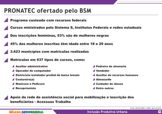 Fonte: SISTEC/MEC e MDS, abril de 2015.
Inclusão Produtiva Urbana
PRONATEC ofertado pelo BSM
Das inscrições femininas, 53% são de mulheres negras
45% das mulheres inscritas têm idade entre 18 e 29 anos
3.623 municípios com matrículas realizadas
Auxiliar administrativo
Operador de computador
Eletricista instalador predial de baixa tensão
Costureiro(a)
Manicure e Pedicure
Recepcionista
Pedreiro de alvenaria
Vendedor
Auxiliar de recursos humanos
Almoxarife
Cuidador de idosos
Entre outros
Programa custeado com recursos federais
Matrículas em 637 tipos de cursos, como:
Cursos ministrados pelo Sistema S, Institutos Federais e redes estaduais
10
Apoio da rede de assistência social para mobilização e inscrição dos
beneficiários - Acessuas Trabalho
 
