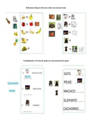 Relacionar figuras diversas sobre um mesmo tema
Trabalhando a Escrita de palavras com material de apoio
 