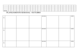 TOTAL
        PLANEJAMENTO SEMANAL - OUTUBRO
                                         RECREIO   SAÍDA
 2ª
feira




                                         RECREIO   SAÍDA
 3ª
feira




                                         RECREIO   SAÍDA
 4ª
feira
 