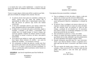 e, na maioria das vezes, evolui rapidamente – é possível que uns                                  GEMAS
poucos dias depois da sondagem muitos alunos já tenham avançado                                     SAL
ainda mais.                                                                                  MAMÃE USA FARINHA

Vamos ver agora alguns critérios para definir as palavras que farão    Veja algumas dicas para encaminhar a sondagem:
parte das atividades de sondagem deste semestre. São eles:
                                                                           •   Faça as sondagens no início das aulas e, depois, a cada mês
   •   As palavras devem fazer parte do vocabulário cotidiano dos              apenas com os alunos que não estiverem alfabetizados.
       alunos, mesmo que eles ainda não tenham tido a                      •   Ofereça papel sem pauta para as crianças escreverem, pois
       oportunidade de refletir sobre a representação escrita delas.           assim será possível observar o alinhamento e a direção da
       Mas não devem ser palavras cuja escrita eles tenham                     escrita.
       memorizado.                                                         •   Se possível, faça a sondagem com poucos alunos por vez,
   •   A lista deve contemplar palavras com número variável de                 enquanto o restante da turma se ocupa com outras atividades
       letras, abrangendo palavras monossílabas, dissílabas etc.               que não solicitem tanto sua presença (a cópia de uma
   •   O ditado deve ser iniciado pela palavra polissílaba, depois a           cantiga, a produção de um desenho etc.). Se necessário,
       trissílaba, a dissílaba e, por último, a monossílaba. Esse              peça ajuda ao gestor, ao coordenador pedagógico ou a outra
       cuidado deve ser tomado porque, se houver crianças que                  pessoa que possa lhe dar esse suporte.
       escrevem segundo a hipótese do número mínimo de letras,             •   Dite normalmente as palavras e a frase, sem silabar.
       elas poderão se recusar a escrever, de início, uma palavra          •   Observe as reações dos alunos enquanto escrevem. Anote o
       monossílaba.                                                            que falarem em voz alta, sobretudo o que eles pronunciarem
   •   Evite palavras que repitam as vogais, pois isso também pode             de forma espontânea (não obrigue ninguém a falar).
       fazer alguns alunos entrarem em conflito – por causa da             •   Quando terminarem, peça-lhes para ler o que escreveram.
       hipótese da variedade – e se recusarem a escrever.                      Anote o que observar durante a leitura: se apontam com o
   •   Em continuação ao ditado das palavras, escolha uma frase                dedo cada uma das letras, se associam o que falam à escrita
       que envolva pelo menos uma das palavras da lista. Procure               etc.
       observar se os alunos a escrevem de forma semelhante, ou            •   Faça um registro da relação entre a leitura e a escrita. Por
       seja, se a escrita dessa palavra permanece estável mesmo no             exemplo, o aluno escreveu K B O e associou cada uma das
       contexto de uma frase.                                                  sílabas dessa palavra a uma das letras que escreveu.
                                                                               Registre:
   EXEMPLO: uma lista de ingredientes para fazer bolinho de                                          K B O
   mandioca:                                                                                    (FA) (RI) (NHA)
                       MANDIOCA
                         FARINHA
 