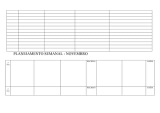 PLANEJAMENTO SEMANAL - NOVEMBRO
                                      RECREIO   SAÍDA
 2ª
feira




                                      RECREIO   SAÍDA
 3ª
feira
 