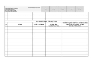 ROTINA DIÁRIA E FLEXÍVEL
LINGUAGEM ORAL/LITERÁRIA
                                                         2ª Feira       3ª feira   4ª feira    5ª-feira   6ª Feira
LINGUAGEM ESCRITA
NATUREZA E SOCIEDADE
LINGUAGEM MATEMÁTICA




                                              DADOS SOBRE OS ALUNOS
                                                                                       OBSERVAÇÕES IMPORTANTES SOBRE
Nº                     NOME              ANIVERSÁRIO                  NOME DOS             OS ALUNOS (SAÚDE, DADOS
                                                                    RESPONSÁVEIS               FAMILIARES,ETC)
 