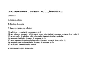 ORIENTAÇÕES SOBRE O REGISTRO – AVALIAÇÃO INDIVIDUAL

Critérios :

1. Nome da criança

2. Hipótese da escrita

3. Quais os avanços em relação:

3.1 À leitura / à escrita / à comunicação oral
3.2 Aos números naturais e o Sistema de numeração decimal (dados da pauta de observação 1)
3.3 Às operações de adição e subtração (dados da pauta de observação 2a)
3.4 À geometria (dados da pauta de observação 2a)
3.5 Ao tratamento de dados e informações (dados da pauta de observação 2b)
3.6 À grandezas e medidas (dados da pauta de observação 2b)
3.7 Às demais áreas do conhecimento.

4. Outras observações necessárias.
 