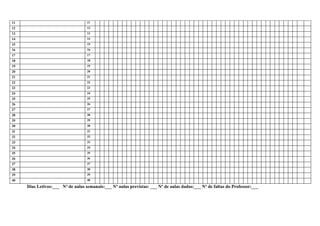 11                                 11
12                                 12
13                                 13
14                                 14
15                                 15
16                                 16
17                                 17
18                                 18
19                                 19
20                                 20
21                                 21
22                                 22
23                                 23
24                                 24
25                                 25
26                                 26
27                                 27
28                                 28
29                                 29
30                                 30
31                                 31
32                                 32
33                                 33
34                                 34
35                                 35
36                                 36
37                                 37
38                                 38
39                                 39
40                                 40

     Dias Letivos:___ Nº de aulas semanais:___ Nº aulas previstas: ___ Nº de aulas dadas:___ Nº de faltas do Professor:___
 