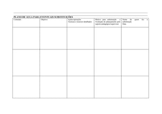 ____________________________________________________________________________________________________________________
____________________________________________________________________________________________________________________
PLANO DE AULA PARA EVENTUAIS SUBSTITUIÇÕES
Conteúdo               Objetivo                Ações/operações                  Motivo para substituição      e   Nome de        quem   fez   a
                                               Técnicas e recursos detalhados   Avaliação do planejamento pelo    substituição
                                                                                suporte pedagógico/supervisor     Data
 