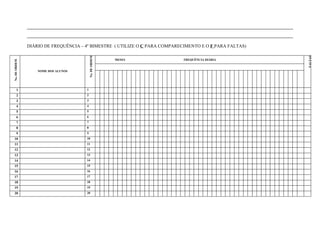 ______________________________________________________________________
               ______________________________________________________________________
               DIÁRIO DE FREQUÊNCIA – 4º BIMESTRE ( UTILIZE O C PARA COMPARECIMENTO E O F PARA FALTAS)




                                          No. DE ORDEM




                                                                                                         FALTAS
                                                         MESES               FREQUÊNCIA DIÁRIA
No. DE ORDEM




                   NOME DOS ALUNOS




       1                              1
       2                              2
       3                              3
       4                              4
       5                              5
       6                              6
       7                              7
       8                              8
       9                              9
 10                                   10
 11                                   11
 12                                   12
 13                                   13
 14                                   14
 15                                   15
 16                                   16
 17                                   17
 18                                   18
 19                                   19
 20                                   20
 