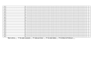 21                                 21
22                                 22
23                                 23
24                                 24
25                                 25
26                                 26
27                                 27
28                                 28
29                                 29
30                                 30
31                                 31
32                                 32
33                                 33
34                                 34
35                                 35
36                                 36
37                                 37
38                                 38
39                                 39
40                                 40

     Dias Letivos:___ Nº de aulas semanais:___ Nº aulas previstas: ___ Nº de aulas dadas:___ Nº de faltas do Professor:___
 