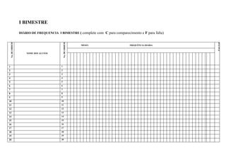 I BIMESTRE

                   DIÁRIO DE FREQUENCIA I BIMESTRE ( complete com C para comparecimento e F para falta)




                                               No. DE ORDEM




                                                                                                          FALTAS
    No. DE ORDEM




                                                              MESES                FREQUÊNCIA DIÁRIA


                       NOME DOS ALUNOS




1                                          1
2                                          2
3                                          3
4                                          4
5                                          5
6                                          6
7                                          7
8                                          8
9                                          9
10                                         10
11                                         11
12                                         12
13                                         13
14                                         14
15                                         15
16                                         16
17                                         17
18                                         18
19                                         19
20                                         20
 