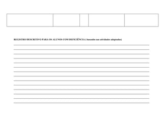REGISTRO DESCRITIVO PARA OS ALUNOS COM DEFICIÊNCIA ( baseados nas atividades adaptadas)
______________________________________________________________________
______________________________________________________________________
______________________________________________________________________
______________________________________________________________________
______________________________________________________________________
______________________________________________________________________
______________________________________________________________________
______________________________________________________________________
______________________________________________________________________
______________________________________________________________________
______________________________________________________________________
______________________________________________________________________
______________________________________________________________________
______________________________________________________________________
 