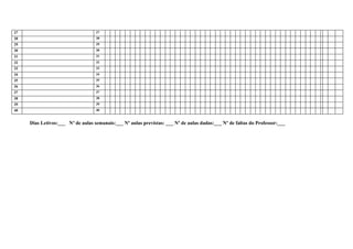 27                                 27
28                                 28
29                                 29
30                                 30
31                                 31
32                                 32
33                                 33
34                                 34
35                                 35
36                                 36
37                                 37
38                                 38
39                                 39
40                                 40


     Dias Letivos:___ Nº de aulas semanais:___ Nº aulas previstas: ___ Nº de aulas dadas:___ Nº de faltas do Professor:___
 